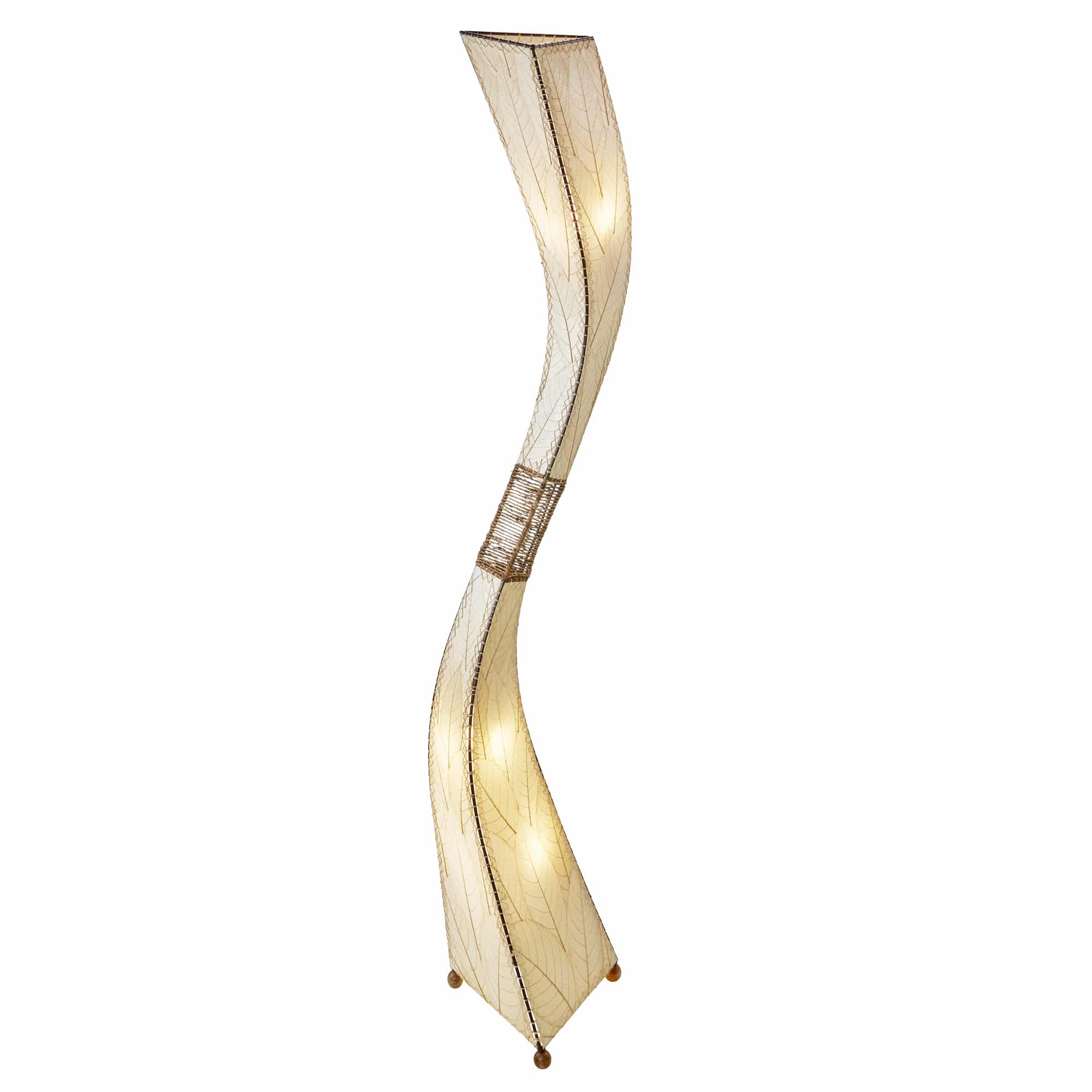 Crafted by the artisans of Eangee Home Design, the Flow Giant Floor Lamp in natural against a clean backdrop, featuring fossilized cocoa leaf shade, abaca rope accents, eco friendly.