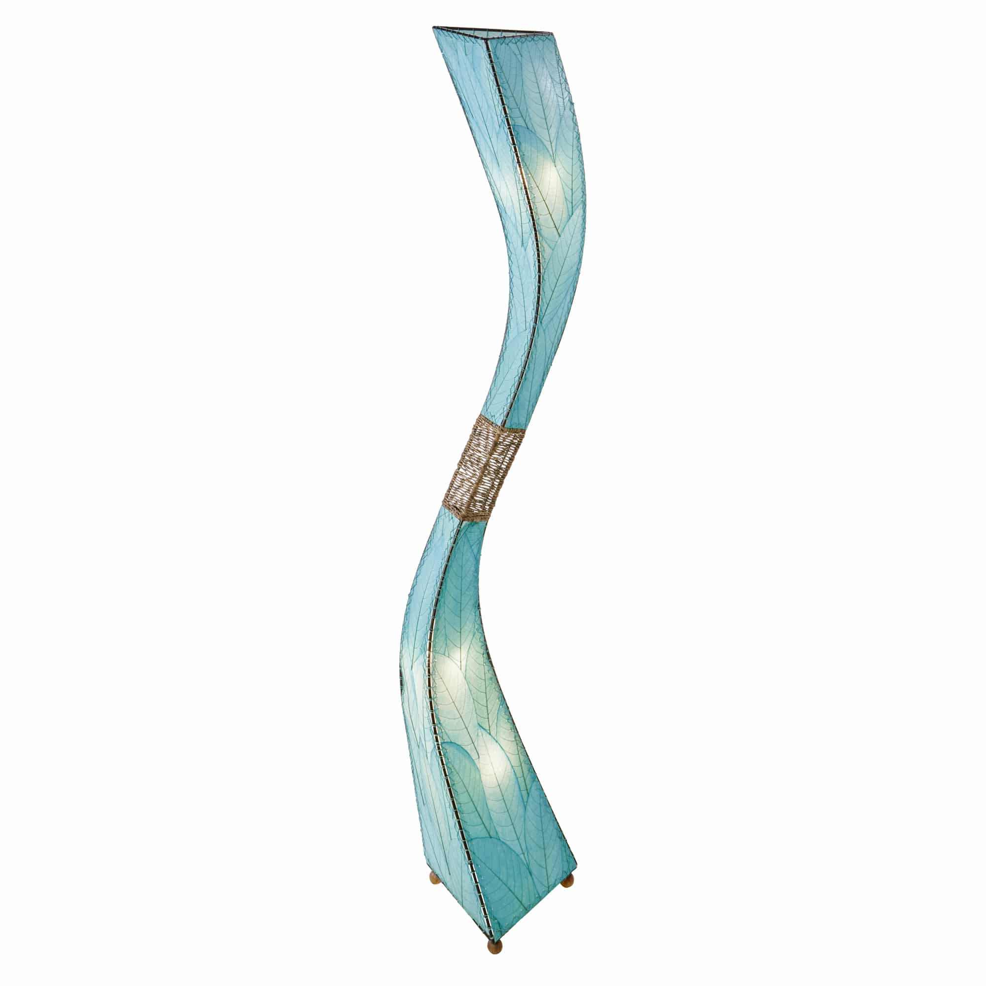 Crafted by the artisans of Eangee Home Design, the Flow 8 Foot Floor Lamp in sea blue against a clean backdrop, featuring fossilized cocoa leaf shade, abaca rope accents, wrought iron frame.