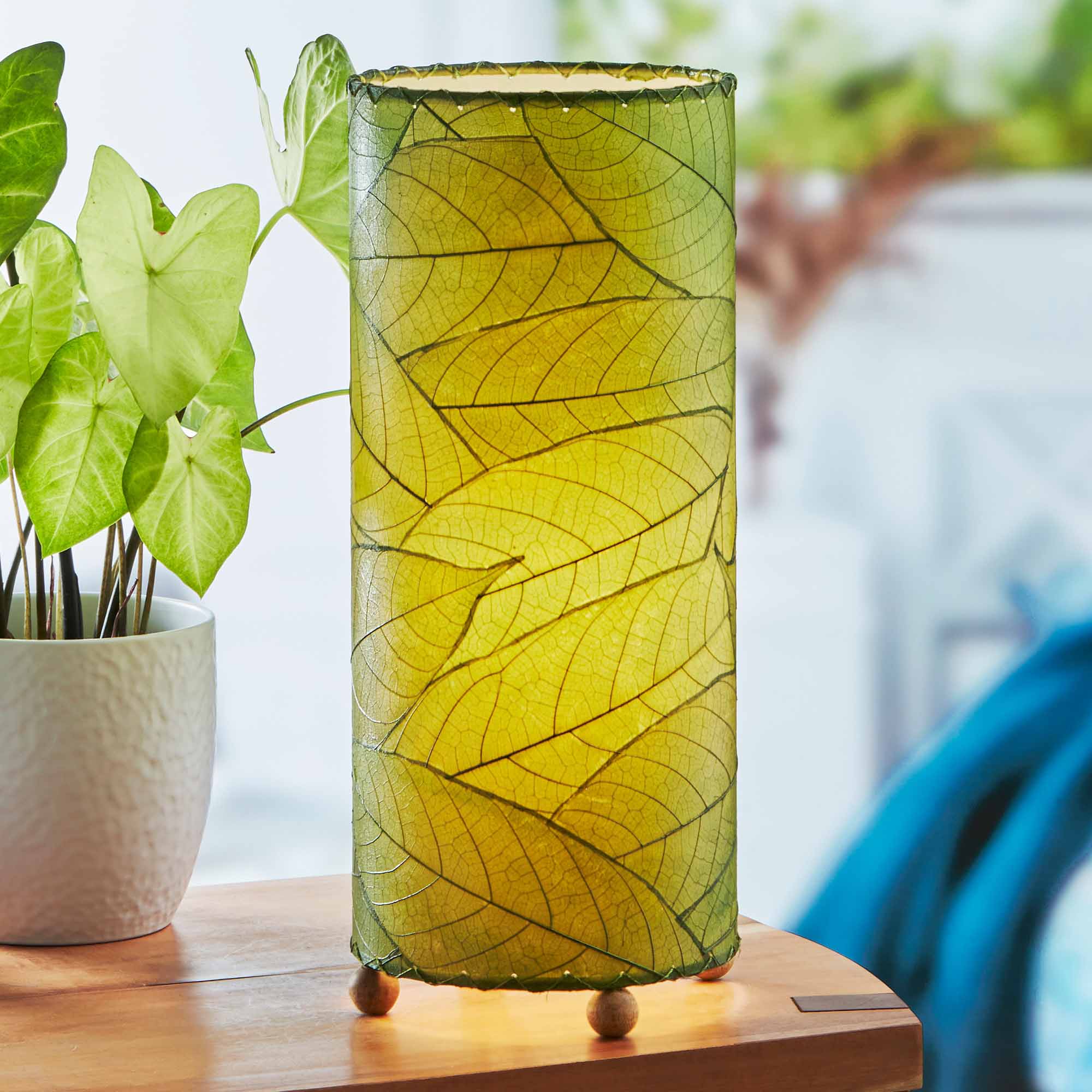 In a coastal inspired living room, crafted by the artisans of Eangee Home Design, the Cocoa Leaf Cylinder Table Lamp in green stands gracefully, featuring fossilized cocoa leaf shade, wrought iron frame, handcrafted, adding warmth and character to the space.