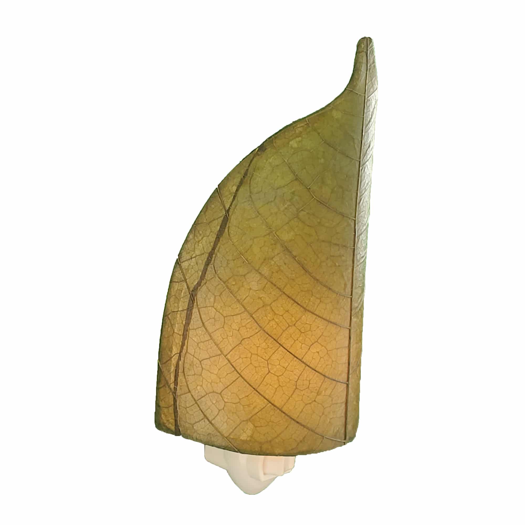 Crafted by the artisans of Eangee Home Design, the Leaf Nightlight in green against a clean backdrop, featuring fossilized cocoa leaf shade, eco friendly, handcrafted.