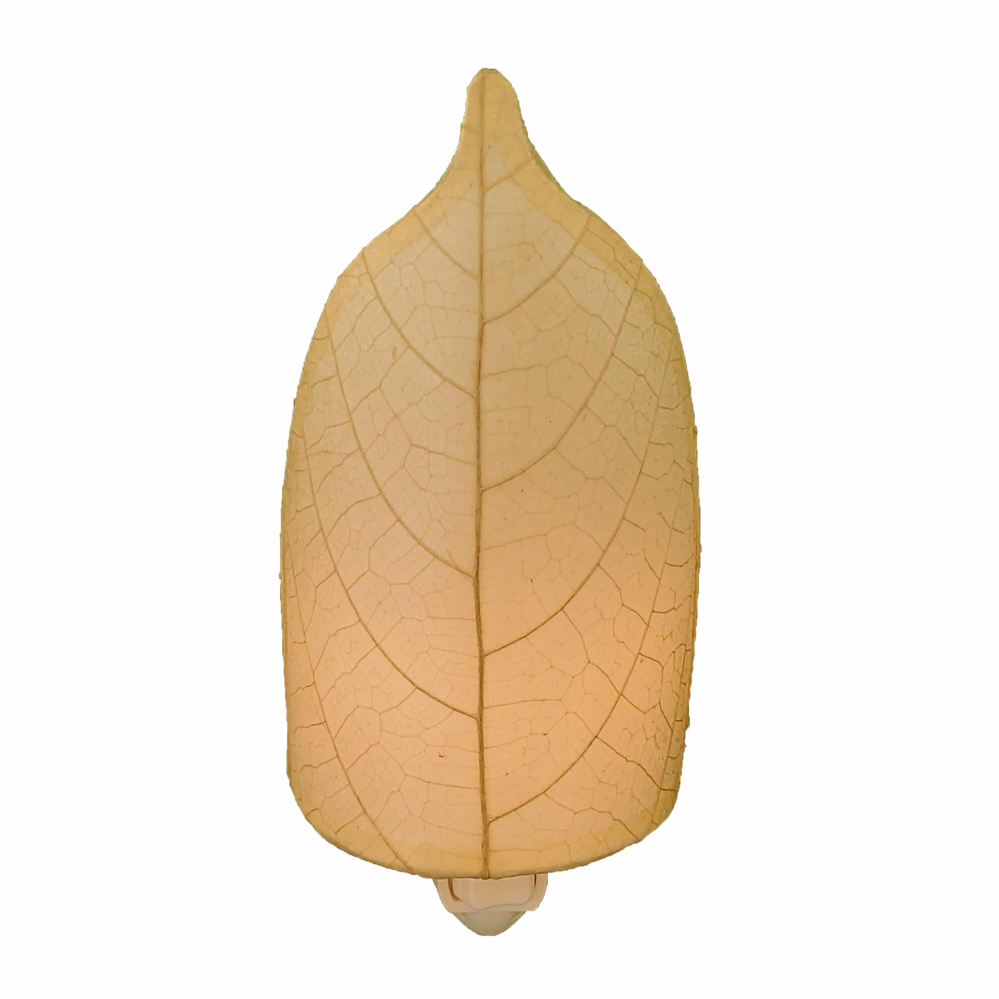 Crafted by the artisans of Eangee Home Design, the Leaf Nightlight in natural against a clean backdrop, featuring fossilized cocoa leaf shade, eco friendly, handcrafted.