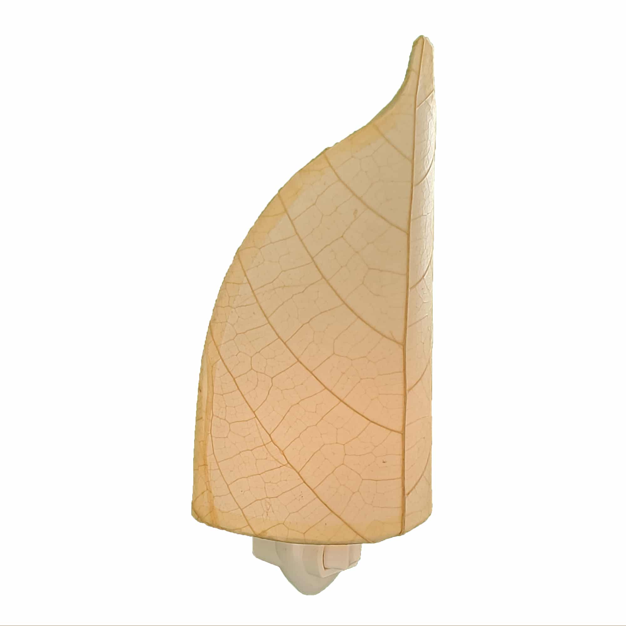 Crafted by the artisans of Eangee Home Design, the Leaf Nightlight in natural against a clean backdrop, featuring fossilized cocoa leaf shade, eco friendly, handcrafted.