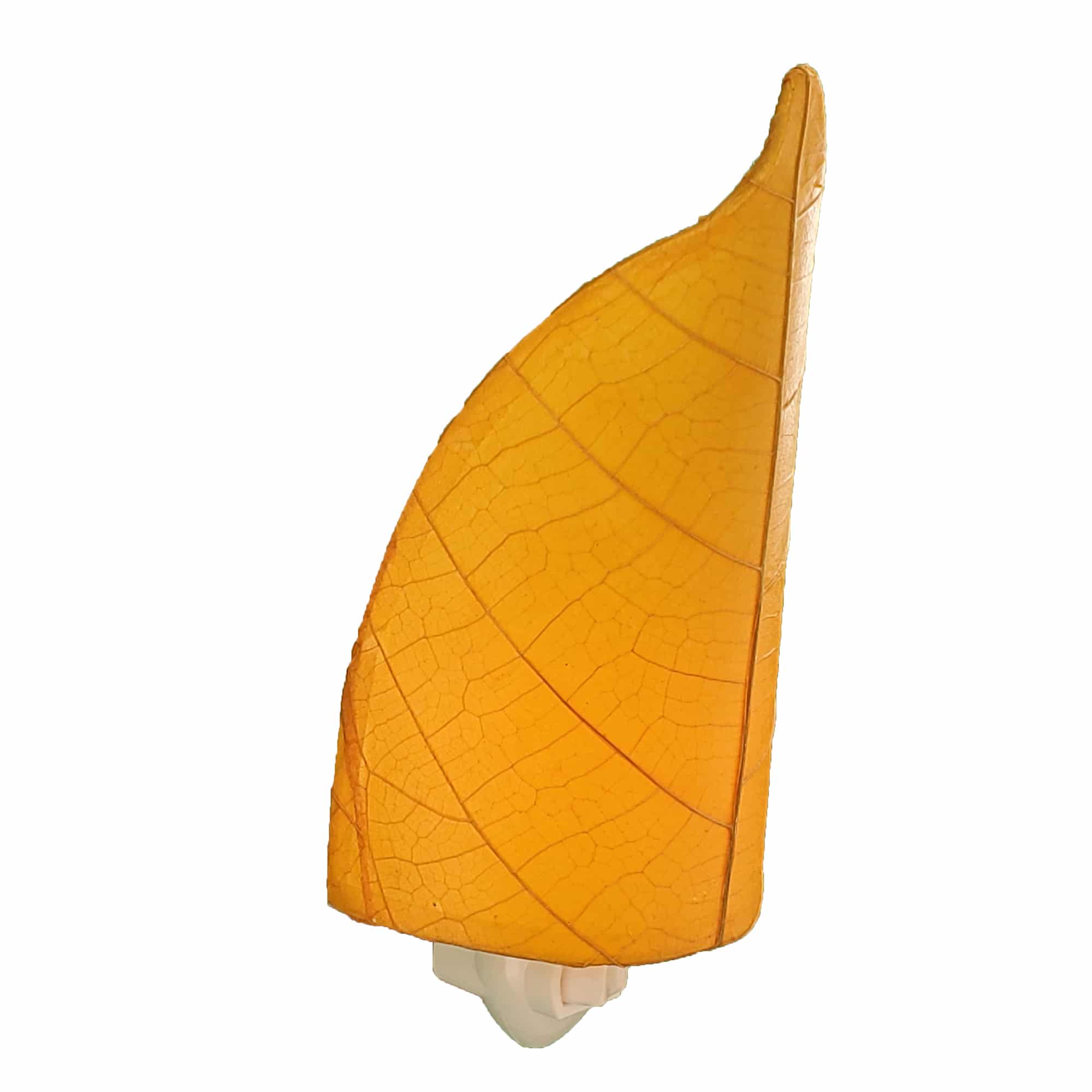 Crafted by the artisans of Eangee Home Design, the Leaf Nightlight in orange against a clean backdrop, featuring fossilized cocoa leaf shade, eco friendly, handcrafted.