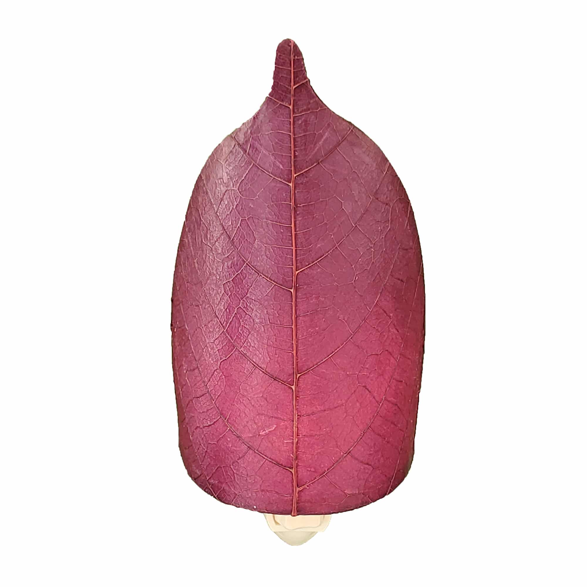 Crafted by the artisans of Eangee Home Design, the Leaf Nightlight in purple against a clean backdrop, featuring fossilized cocoa leaf shade, eco friendly, handcrafted.