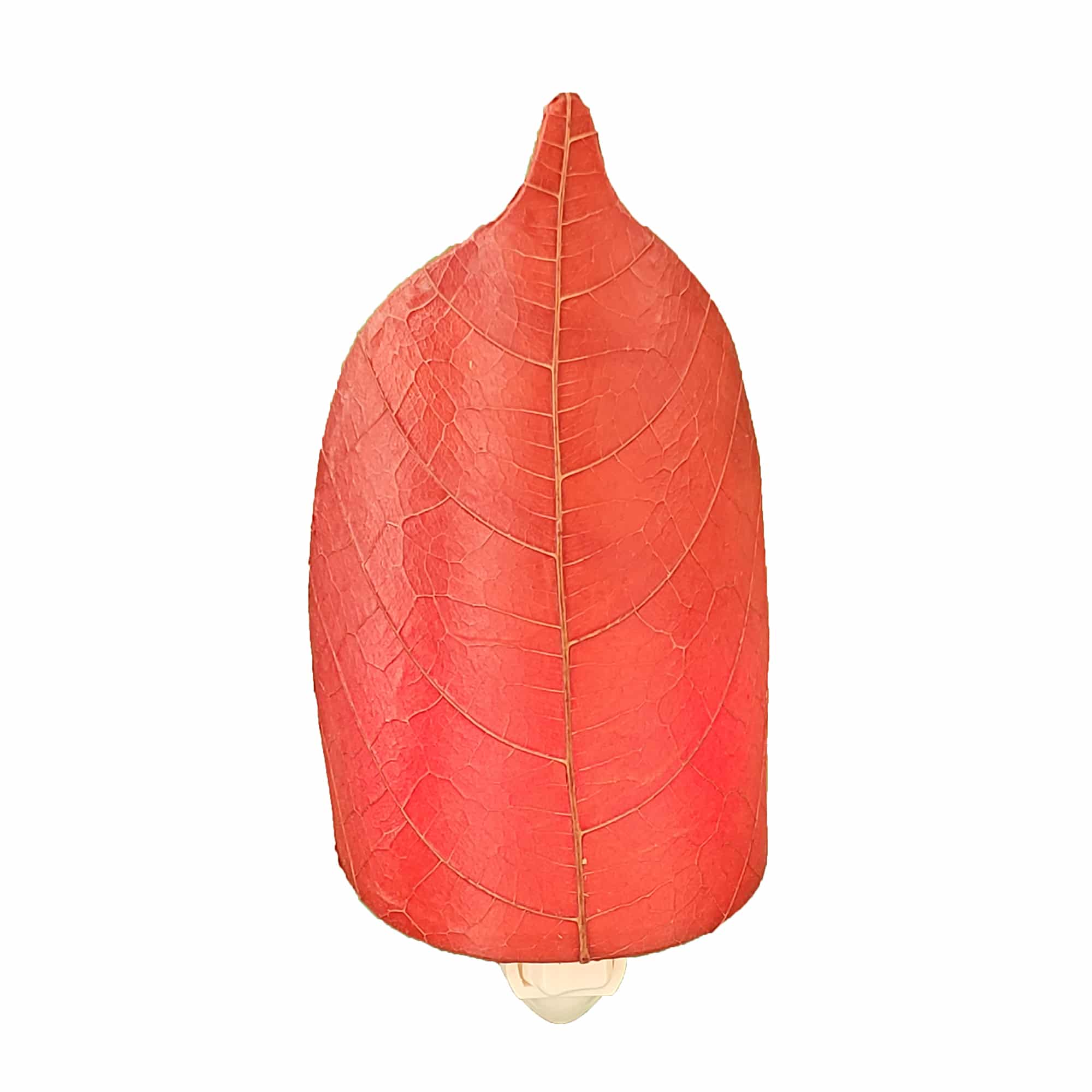 Crafted by the artisans of Eangee Home Design, the Leaf Nightlight in red against a clean backdrop, featuring fossilized cocoa leaf shade, eco friendly, handcrafted.