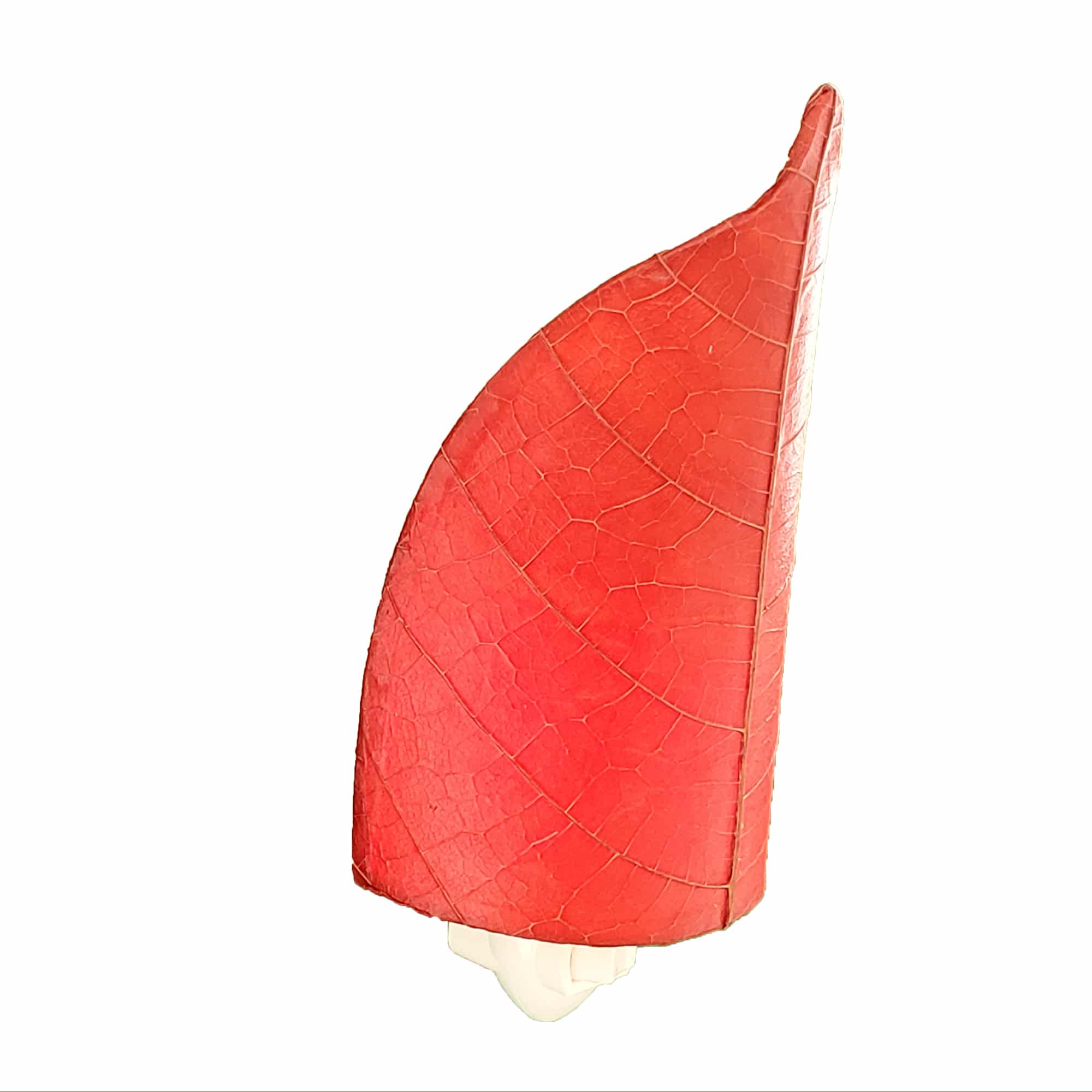 Crafted by the artisans of Eangee Home Design, the Leaf Nightlight in red against a clean backdrop, featuring fossilized cocoa leaf shade, eco friendly, handcrafted.