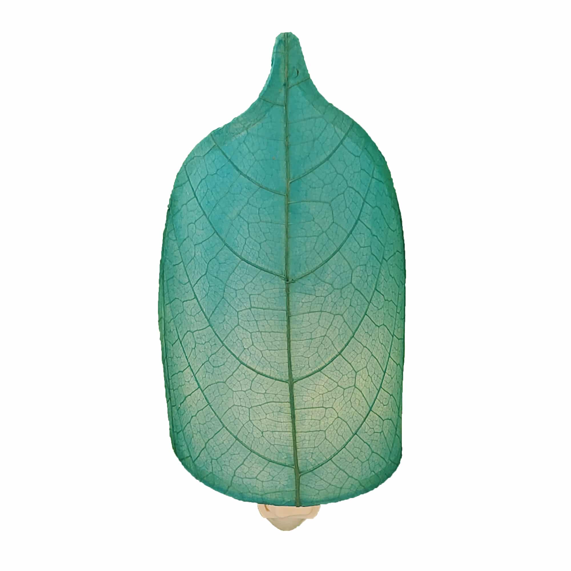 Crafted by the artisans of Eangee Home Design, the Leaf Nightlight in sea blue against a clean backdrop, featuring fossilized cocoa leaf shade, eco friendly, handcrafted.