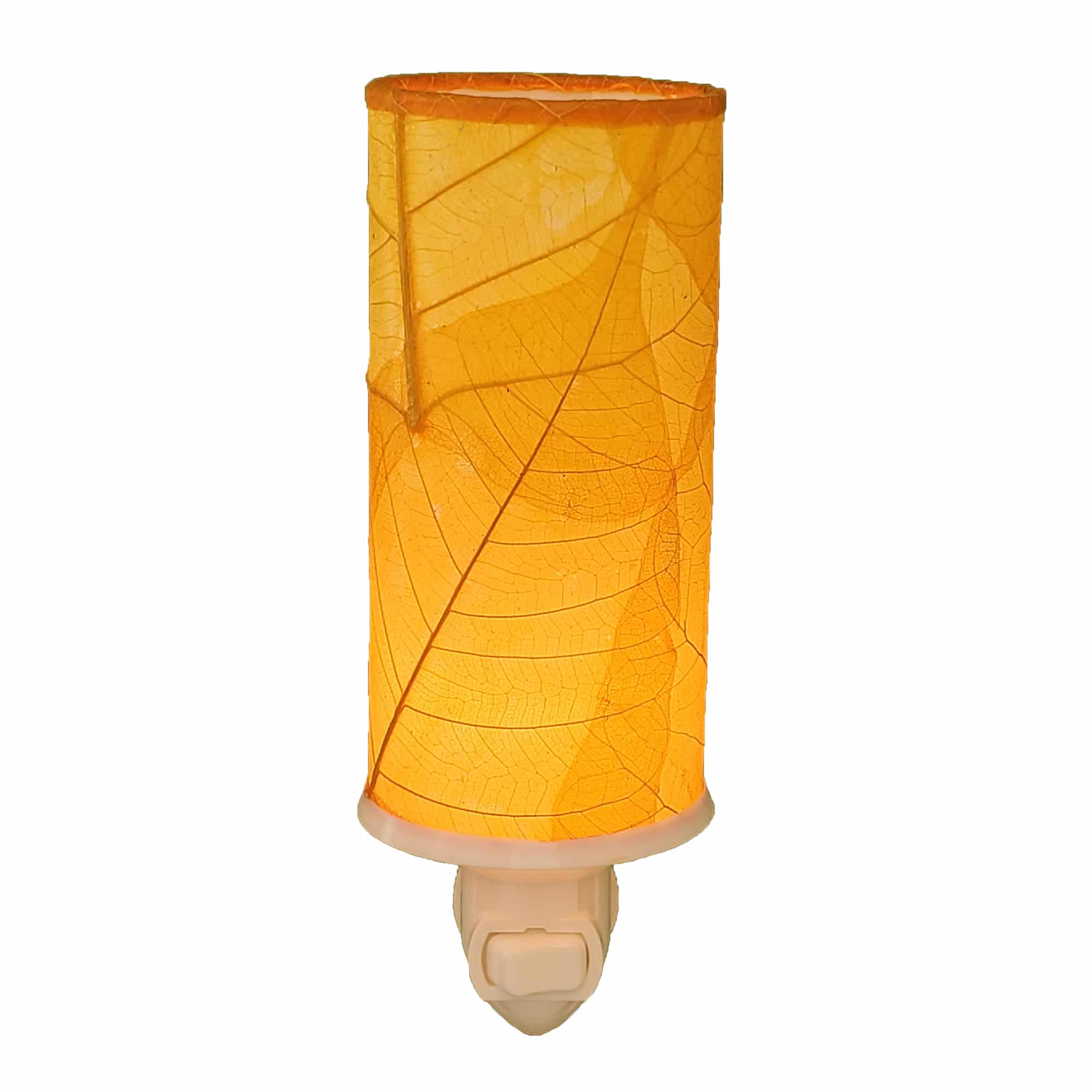 Crafted by the artisans of Eangee Home Design, the Cylinder Nightlight in orange against a clean backdrop, featuring handcrafted detailing, fair trade, eco friendly.
