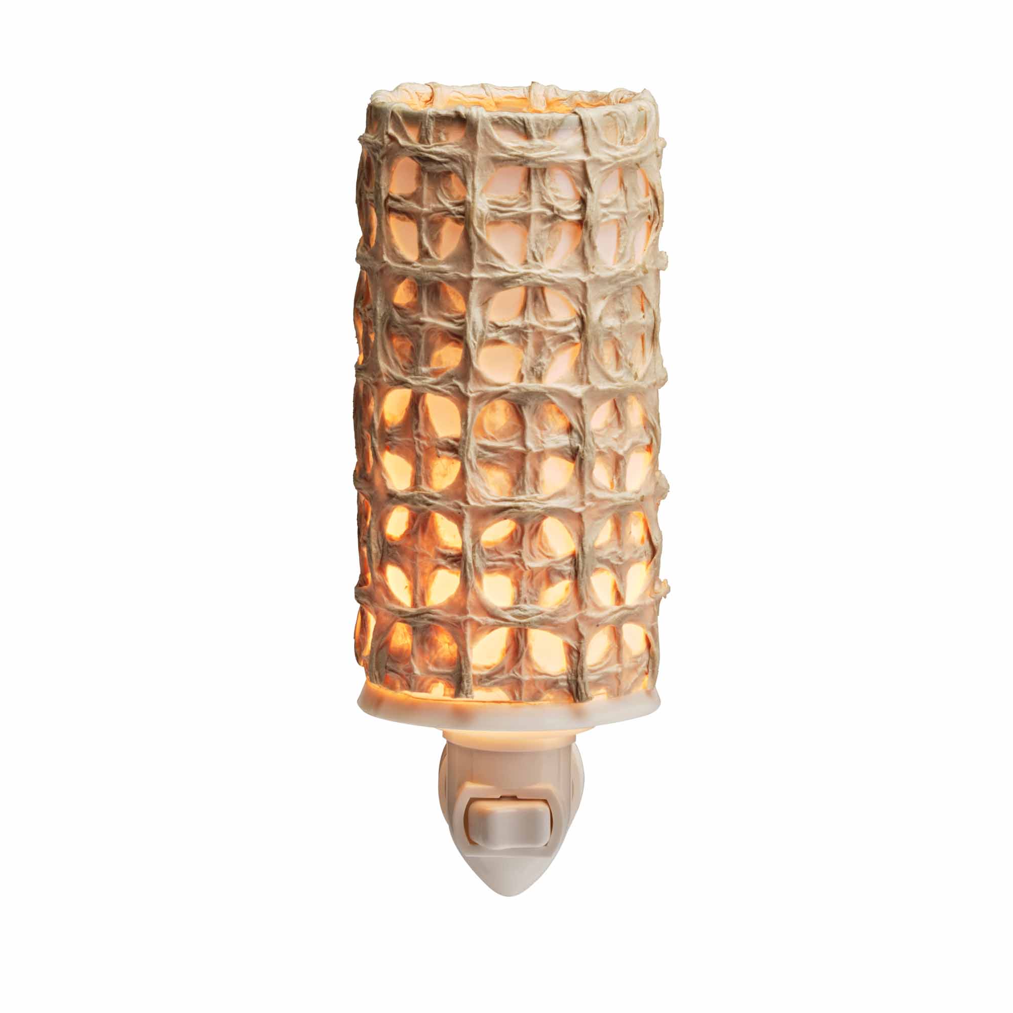 Crafted by the artisans of Eangee Home Design, the Paper Nightlight Mesh in natural against a clean backdrop, featuring recycled paper shade, sustainably sourced, handcrafted, recycled materials.