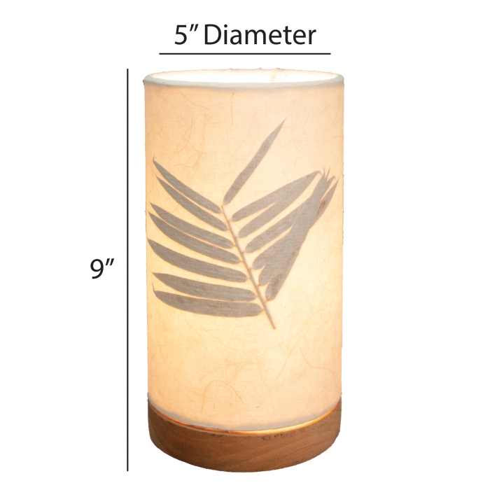 Crafted by the artisans of Eangee Home Design, the Mini Paper Cylinder Table Lamp Bamboo in natural against a clean backdrop, featuring reclaimed mango wood base, recycled paper shade, sustainably sourced, recycled materials.