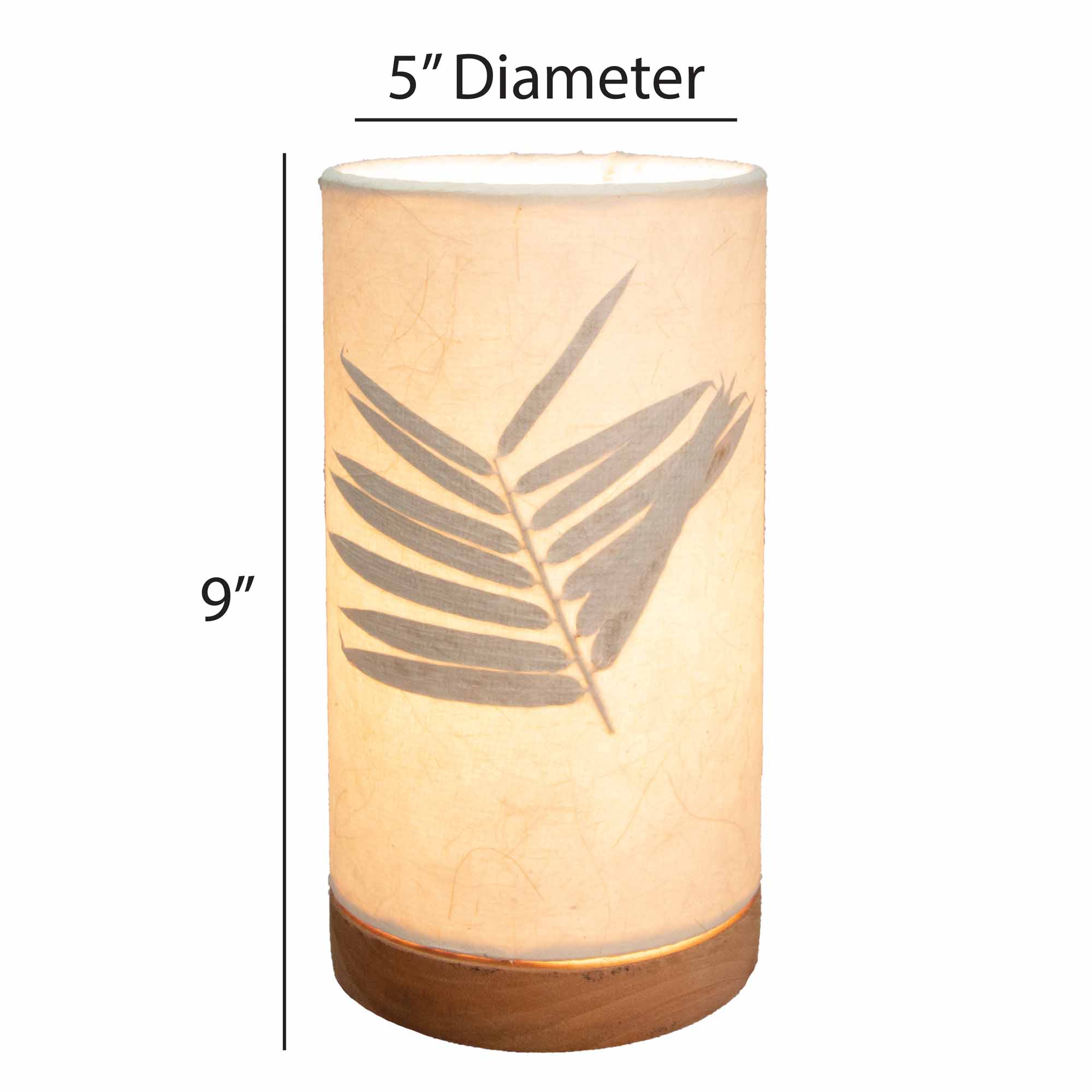 Crafted by the artisans of Eangee Home Design, the Mini Paper Cylinder Table Lamp Bamboo in natural against a clean backdrop, featuring reclaimed mango wood base, recycled paper shade, sustainably sourced, recycled materials.