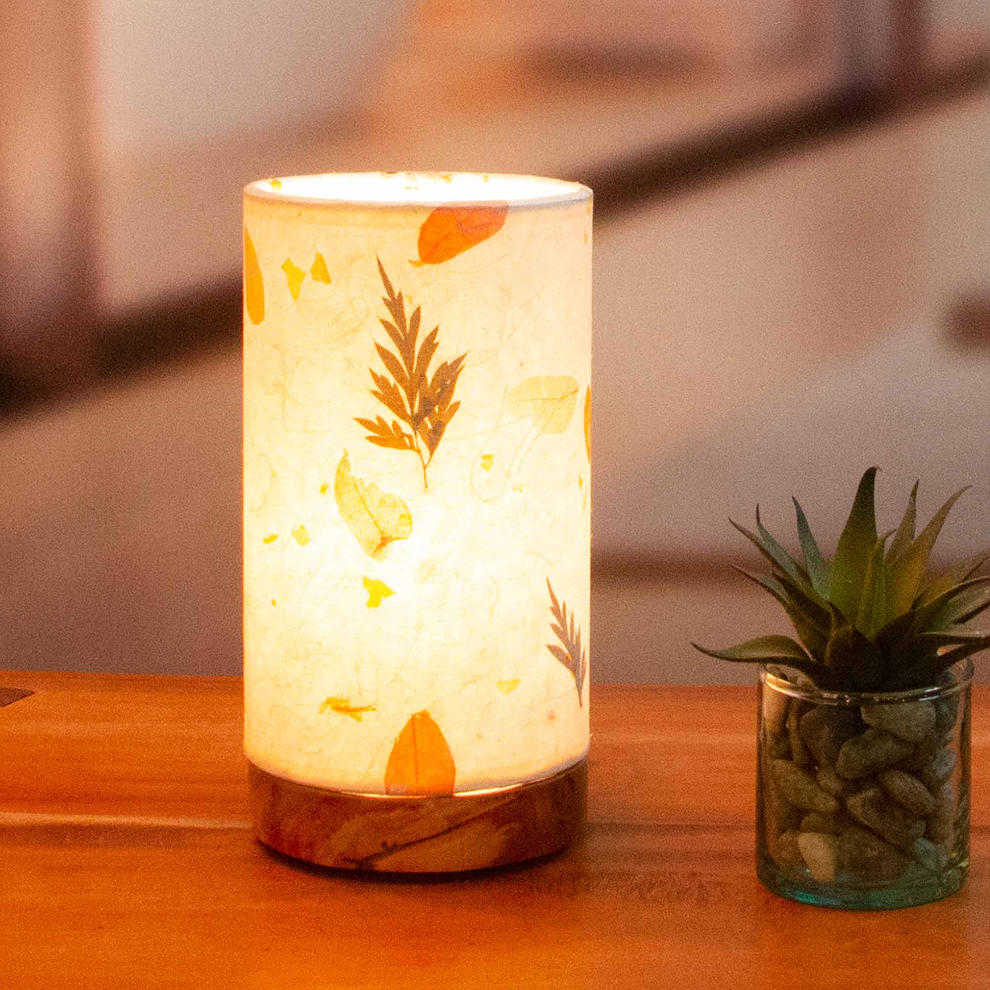 In a softly lit reading nook, crafted by the artisans of Eangee Home Design, the Mini Paper Cylinder Table Lamp Fern in natural stands gracefully, featuring reclaimed mango wood base, recycled paper shade, sustainably sourced, recycled materials, adding warmth and character to the space.