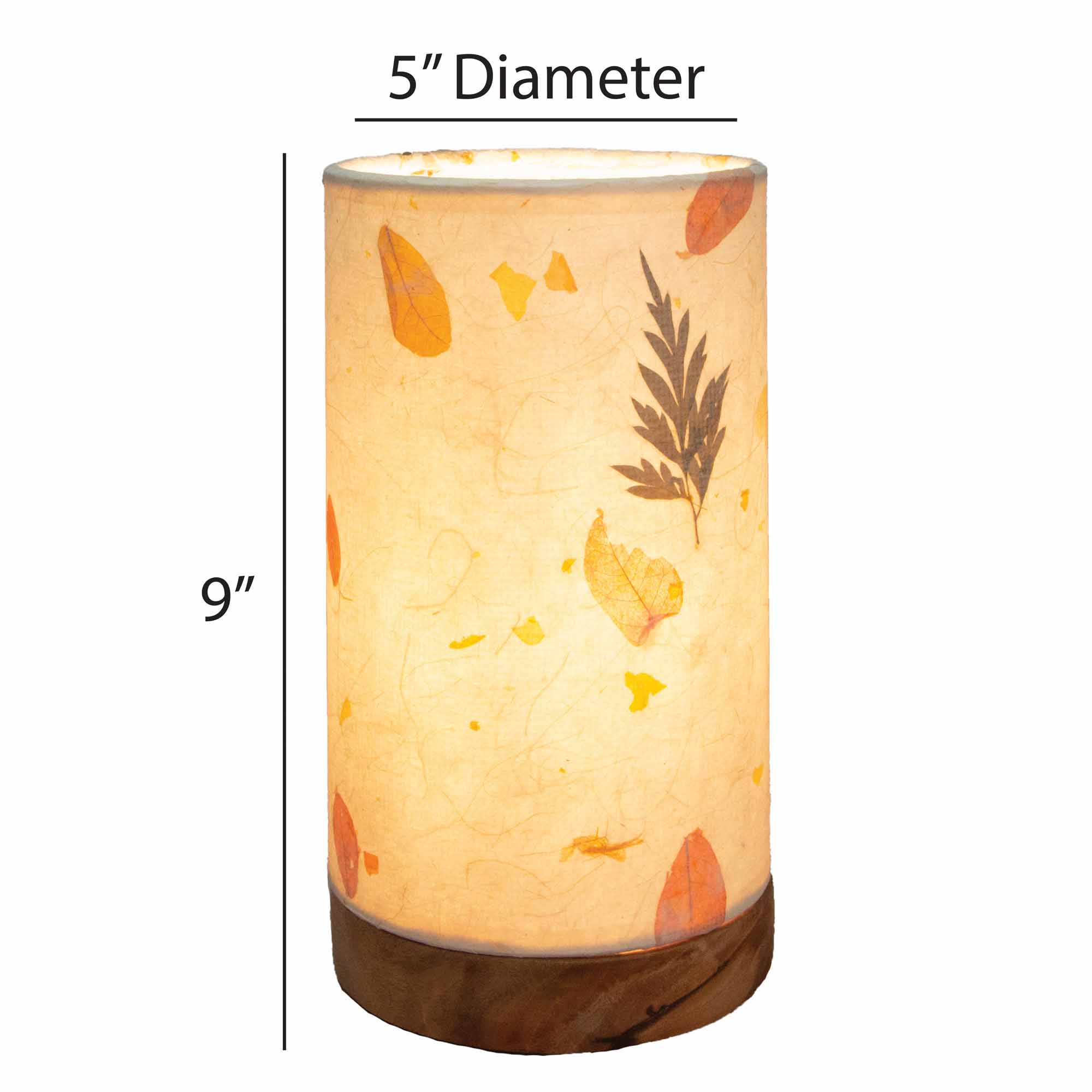 Crafted by the artisans of Eangee Home Design, the Mini Paper Cylinder Table Lamp Fern in natural against a clean backdrop, featuring reclaimed mango wood base, recycled paper shade, sustainably sourced, recycled materials.