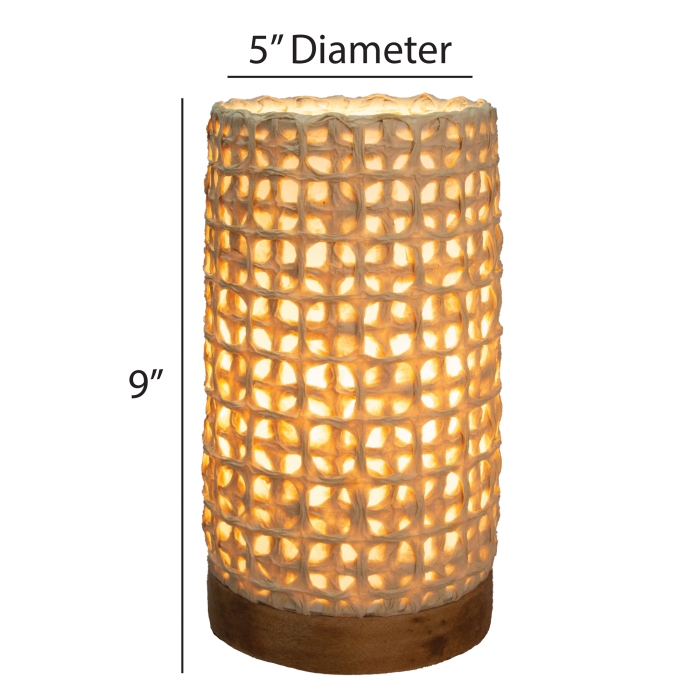 Crafted by the artisans of Eangee Home Design, the Mini Paper Cylinder Table Lamp Mesh in natural against a clean backdrop, featuring reclaimed mango wood base, recycled paper shade, sustainably sourced, recycled materials.
