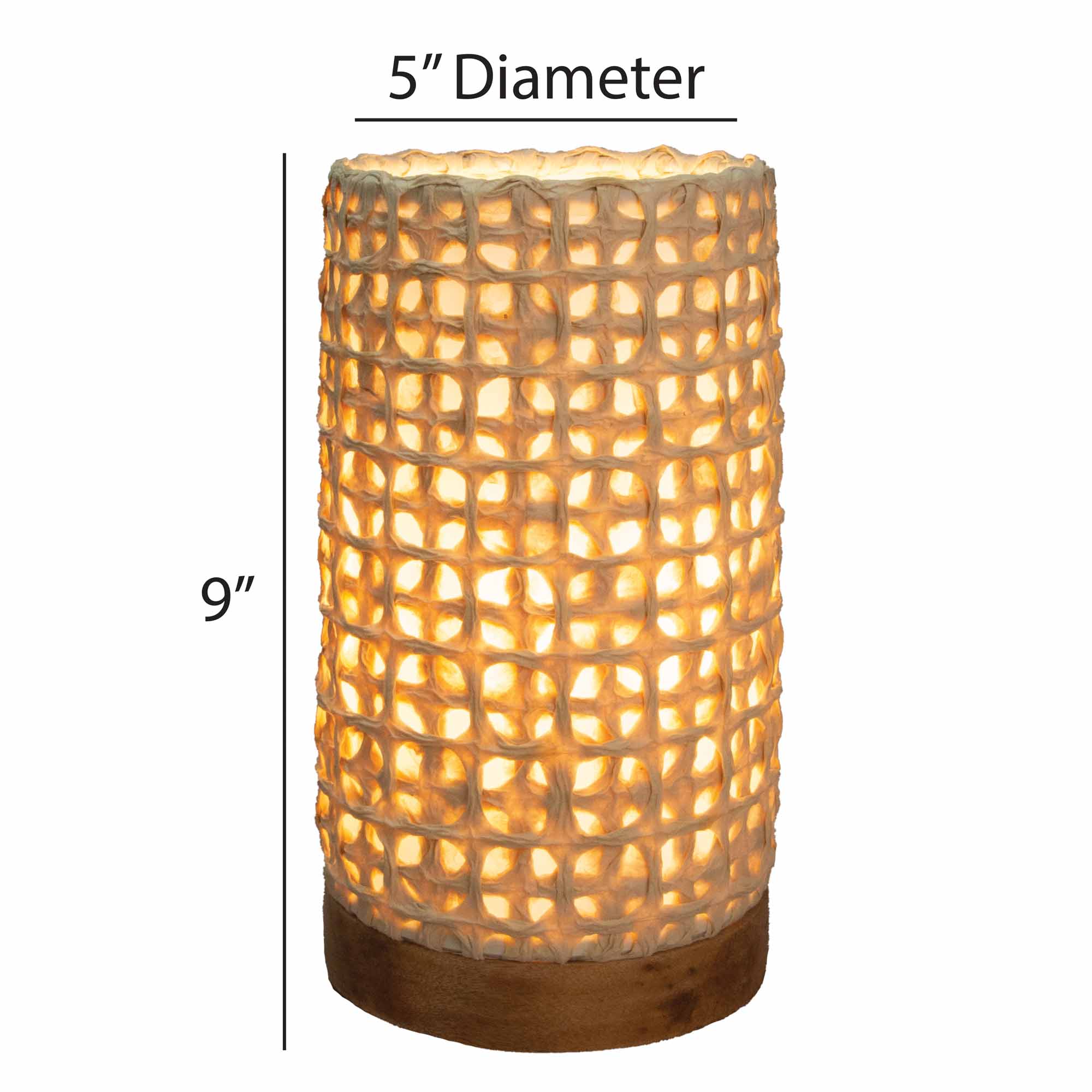 Crafted by the artisans of Eangee Home Design, the Mini Paper Cylinder Table Lamp Mesh in natural against a clean backdrop, featuring reclaimed mango wood base, recycled paper shade, sustainably sourced, recycled materials.