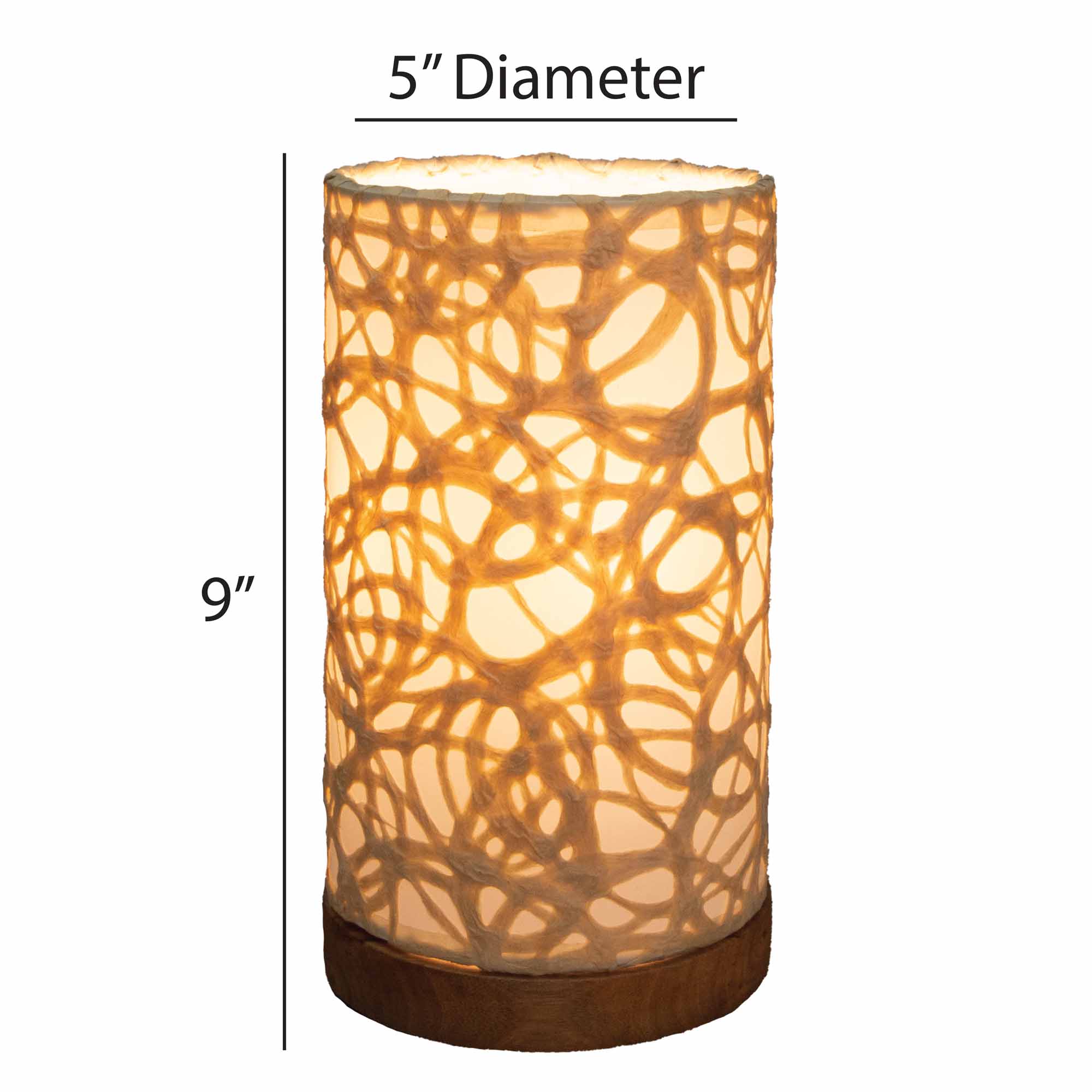 Crafted by the artisans of Eangee Home Design, the Mini Paper Cylinder Table Lamp Swirl in natural against a clean backdrop, featuring reclaimed mango wood base, recycled paper shade, sustainably sourced, recycled materials.