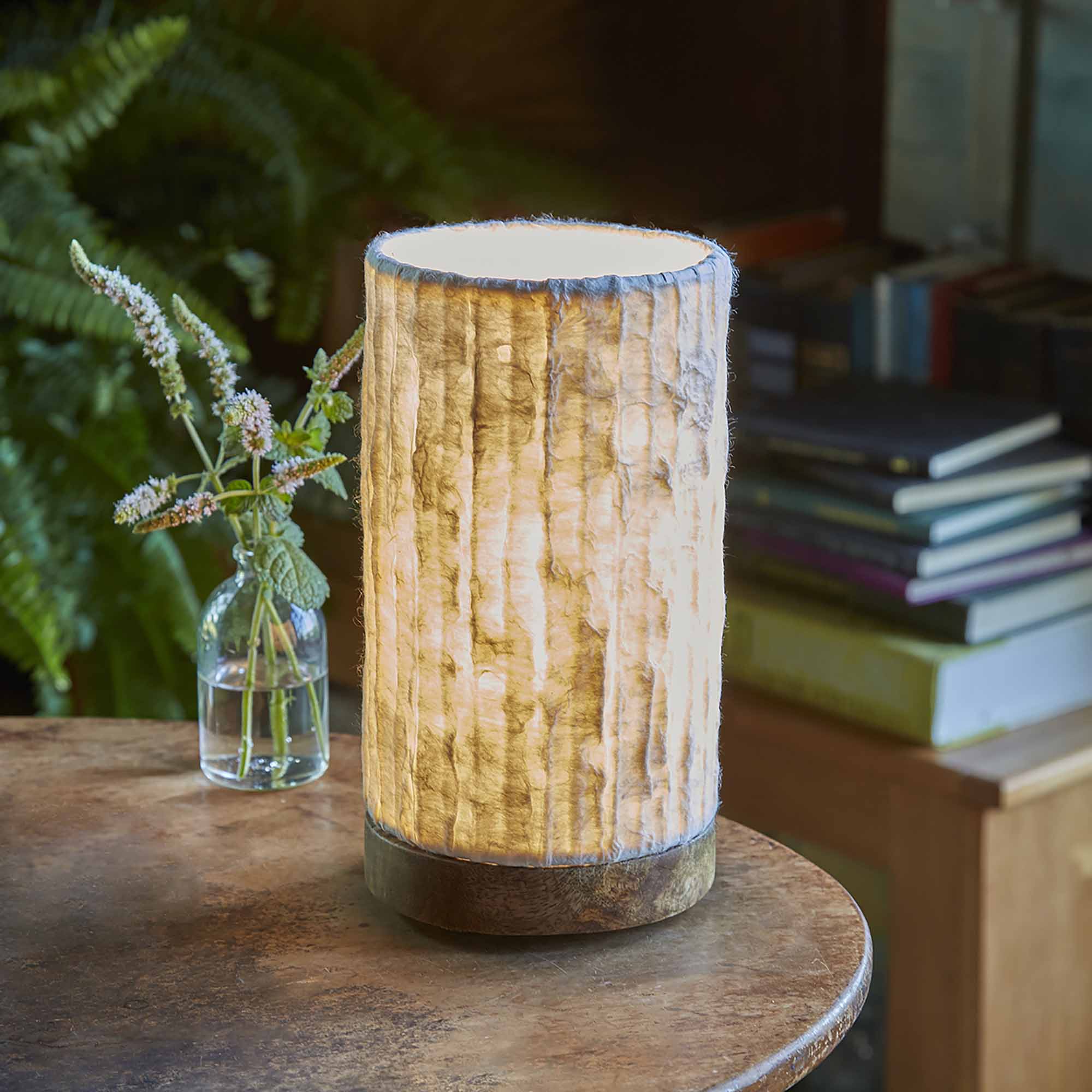 In a softly lit reading nook, crafted by the artisans of Eangee Home Design, the Mini Paper Cylinder Table Lamp Lines in natural stands gracefully, featuring reclaimed mango wood base, recycled paper shade, sustainably sourced, recycled materials, adding warmth and character to the space.