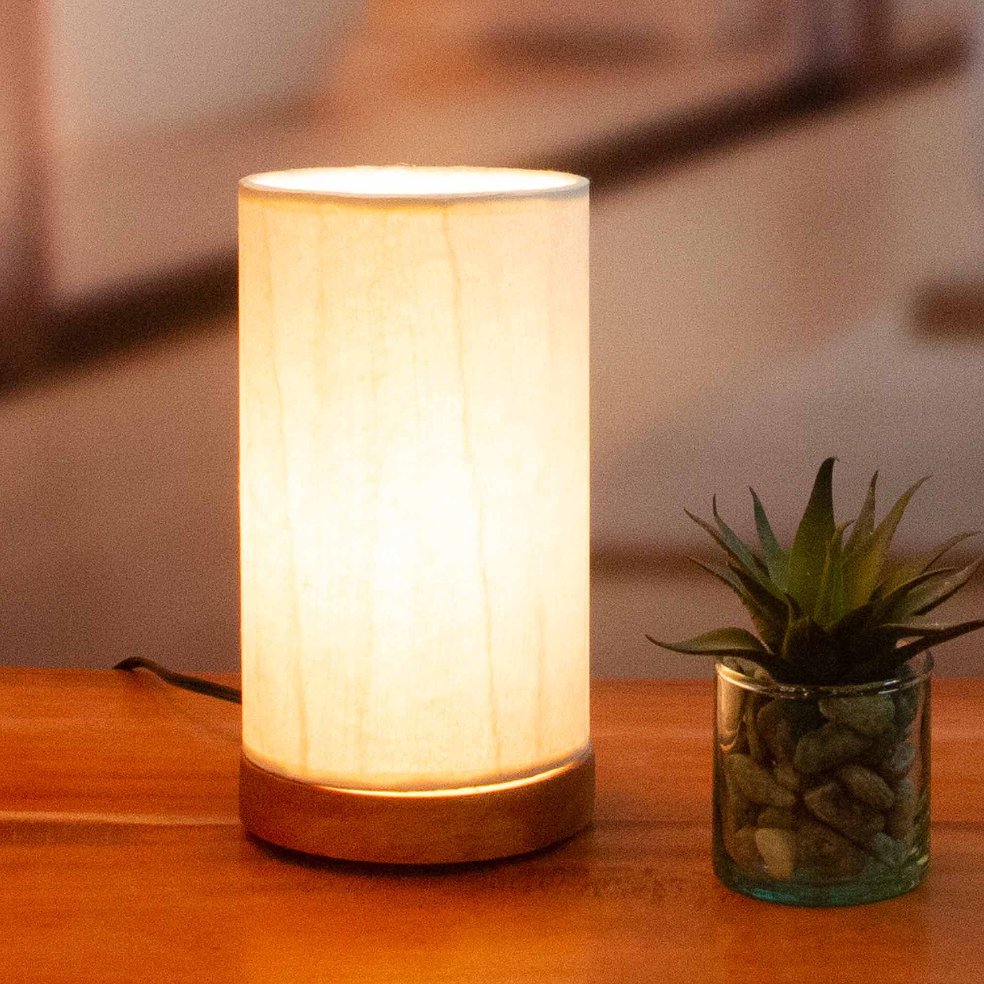 In a softly lit reading nook, crafted by the artisans of Eangee Home Design, the Mini Paper Cylinder Table Lamp Glacier in natural stands gracefully, featuring reclaimed mango wood base, recycled paper shade, sustainably sourced, recycled materials, adding warmth and character to the space.