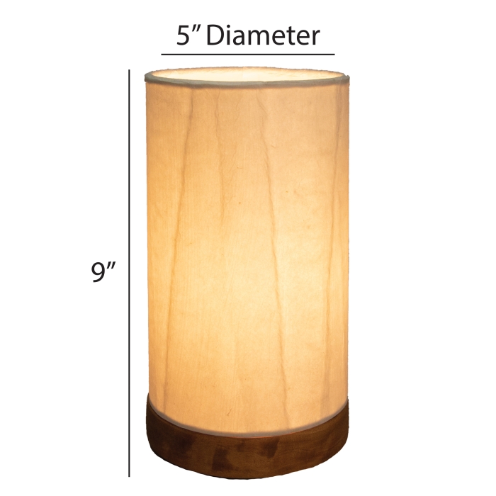 Crafted by the artisans of Eangee Home Design, the Mini Paper Cylinder Table Lamp Glacier in natural against a clean backdrop, featuring reclaimed mango wood base, recycled paper shade, sustainably sourced, recycled materials.
