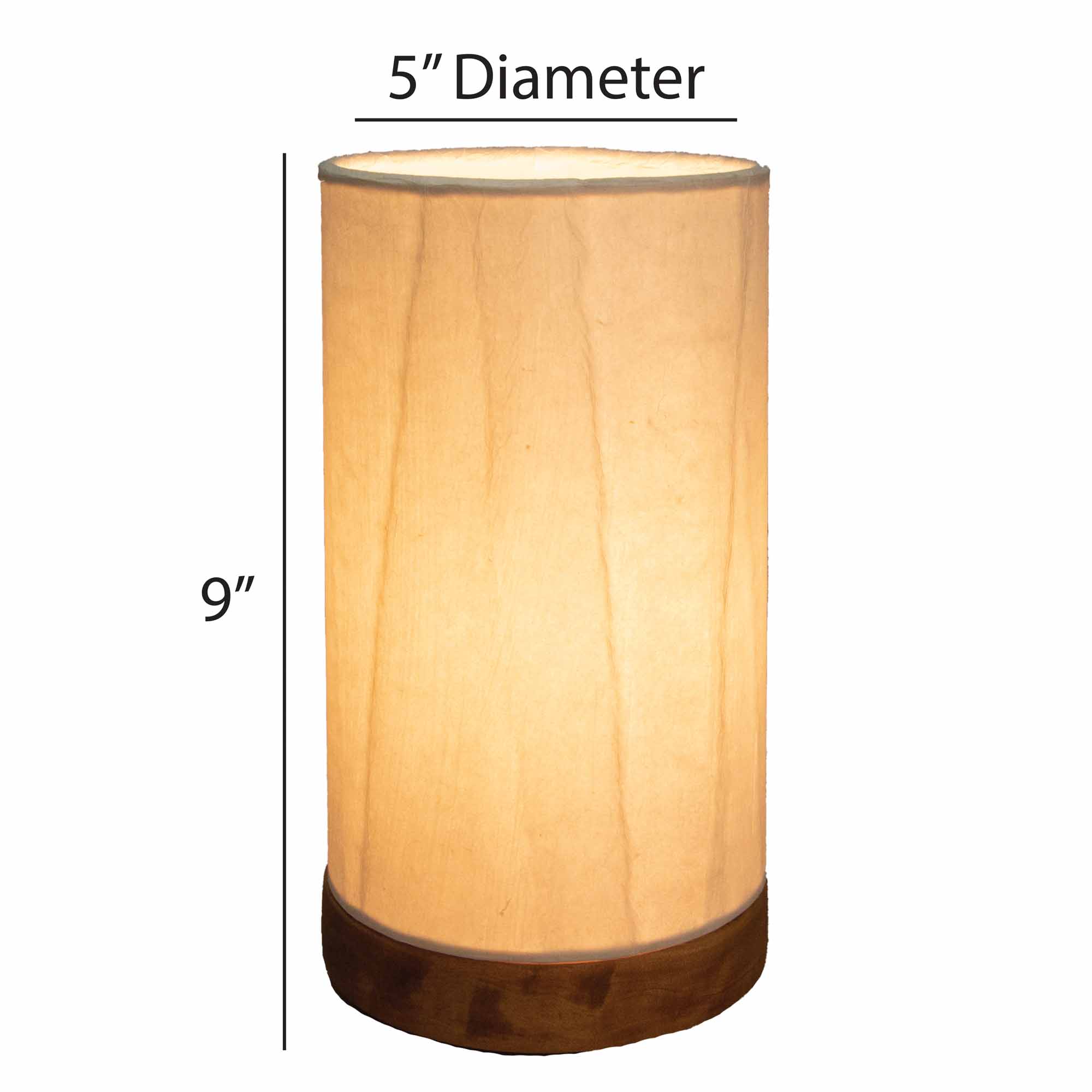 Crafted by the artisans of Eangee Home Design, the Mini Paper Cylinder Table Lamp Glacier in natural against a clean backdrop, featuring reclaimed mango wood base, recycled paper shade, sustainably sourced, recycled materials.