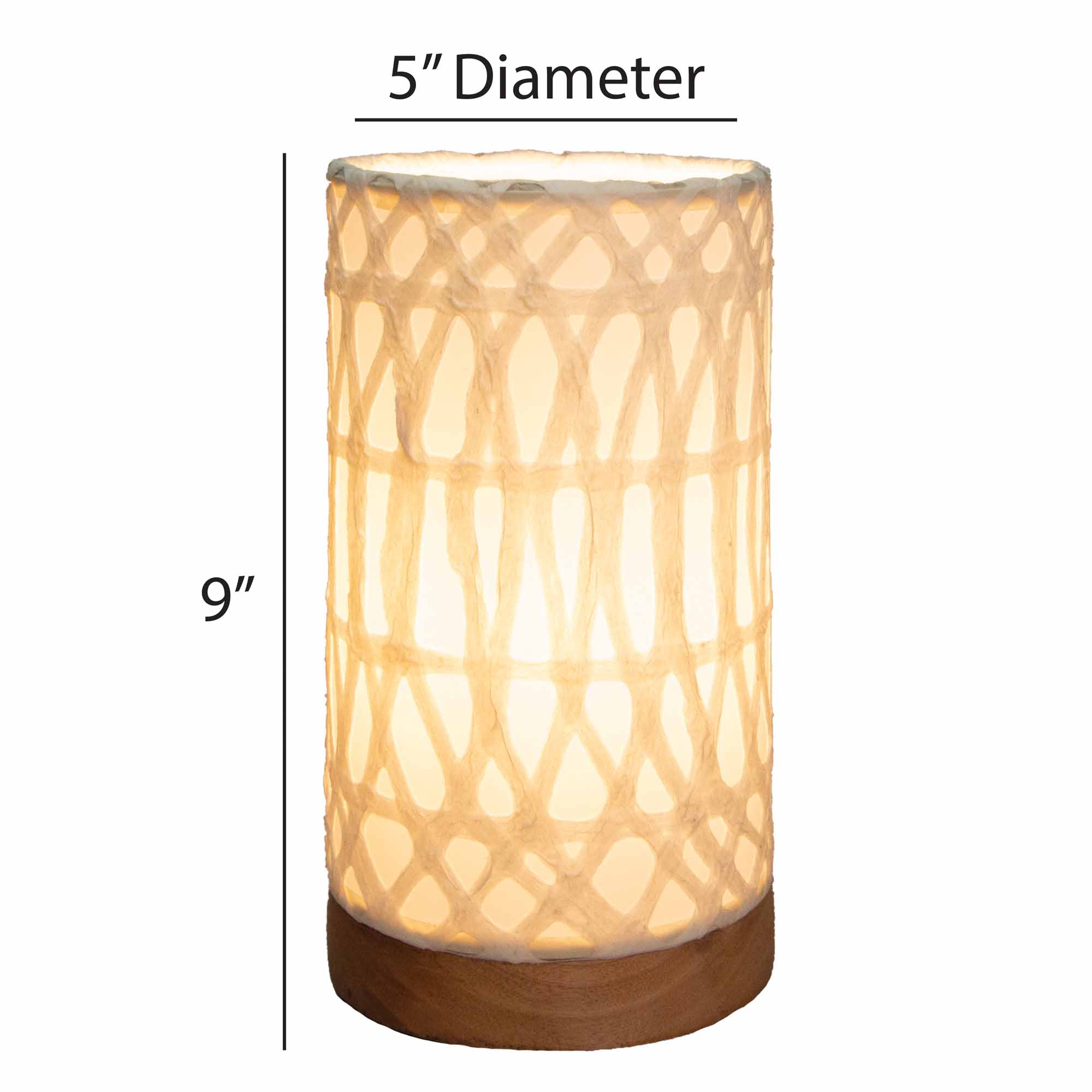 Crafted by the artisans of Eangee Home Design, the Mini Paper Cylinder Table Lamp Arches in natural against a clean backdrop, featuring reclaimed mango wood base, recycled paper shade, sustainably sourced, recycled materials.
