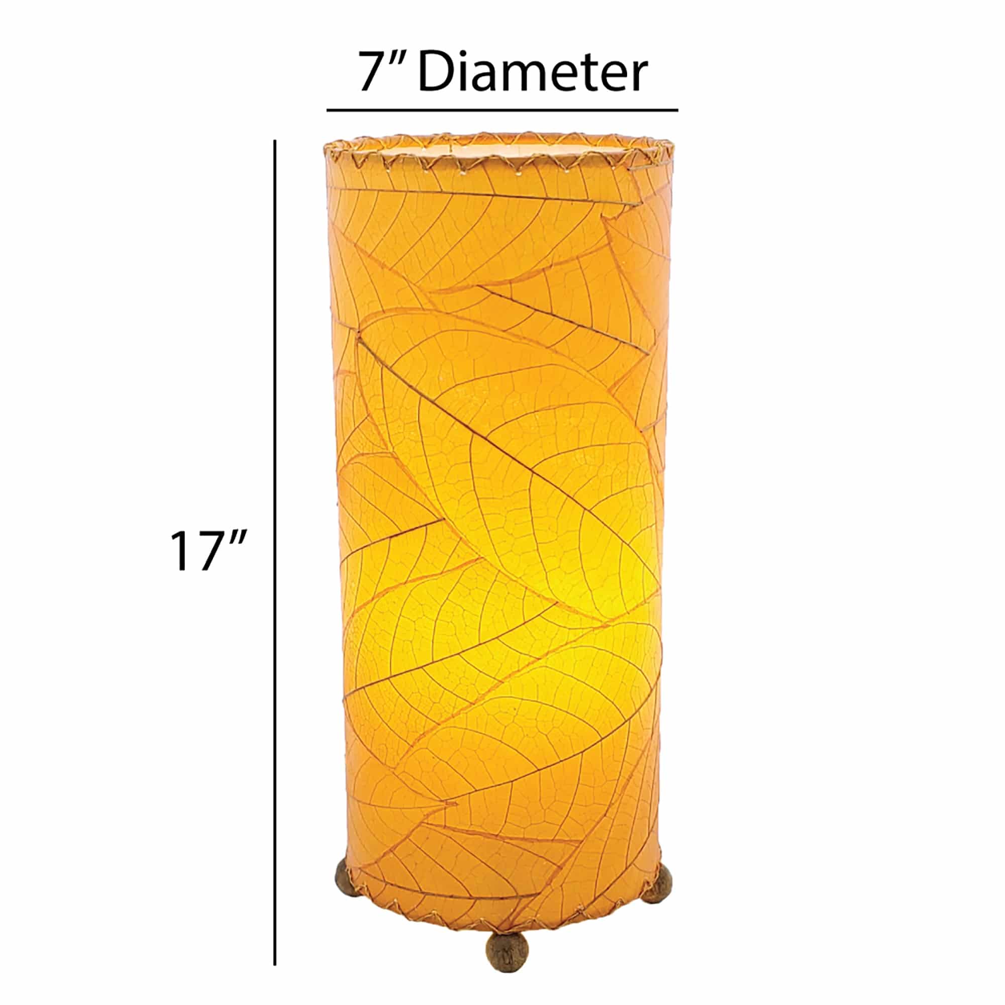 Crafted by the artisans of Eangee Home Design, the Cocoa Leaf Cylinder Table Lamp in orange against a clean backdrop, featuring fossilized cocoa leaf shade, wrought iron frame, handcrafted.