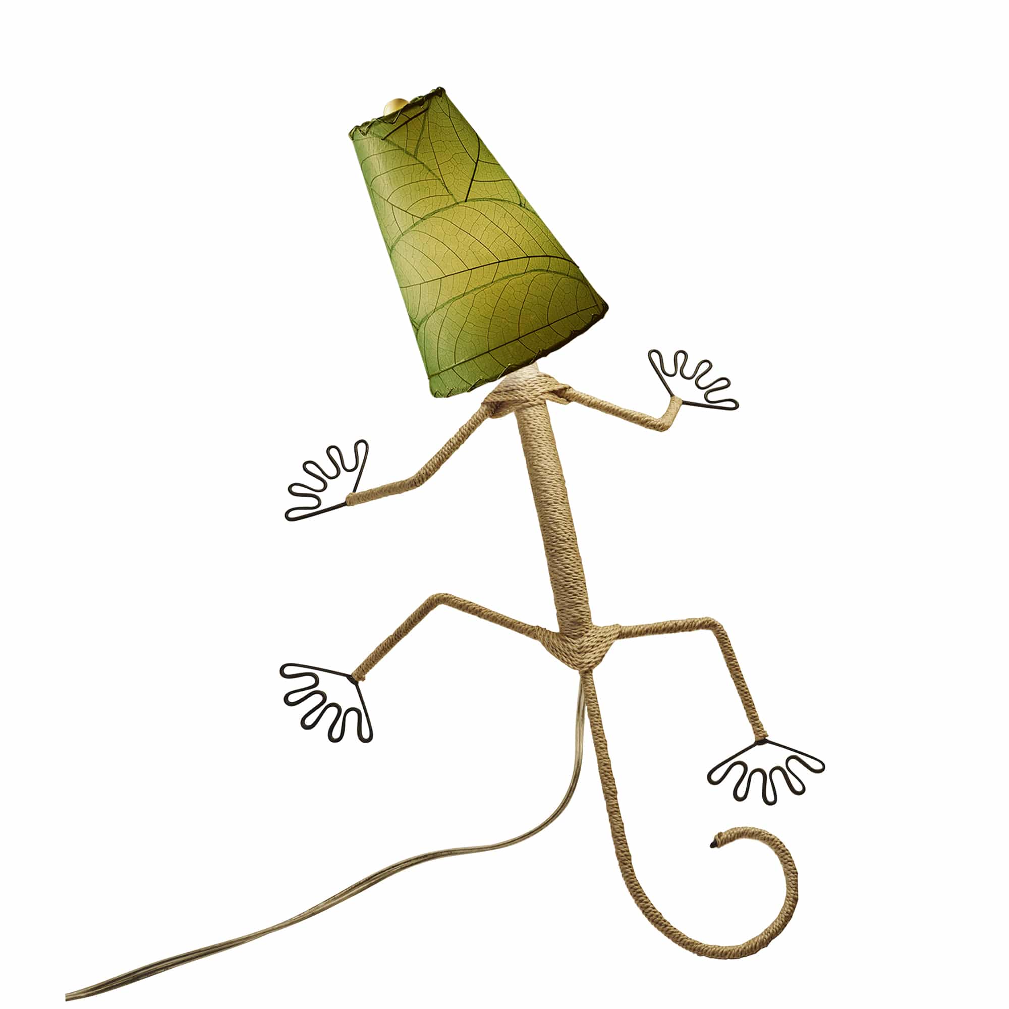 Crafted by the artisans of Eangee Home Design, the Gecko Wall Lamp Combo in green against a clean backdrop, featuring fossilized cocoa leaf shade, abaca rope accents, wrought iron frame, handcrafted.