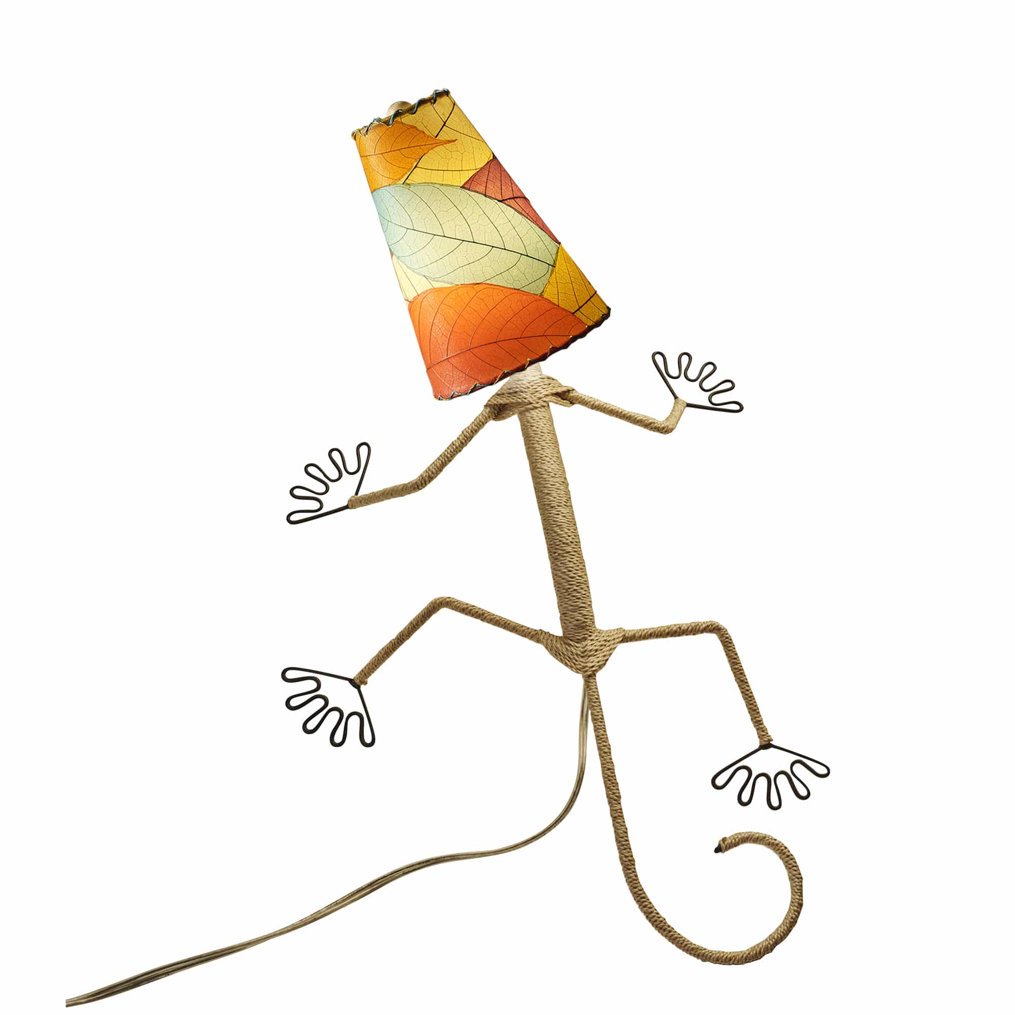 Crafted by the artisans of Eangee Home Design, the Gecko Wall Lamp Combo in multi color against a clean backdrop, featuring fossilized cocoa leaf shade, abaca rope accents, wrought iron frame, handcrafted.