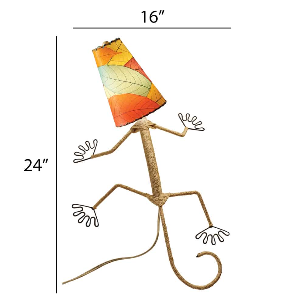 Crafted by the artisans of Eangee Home Design, the Gecko Wall Lamp Combo in multi color against a clean backdrop, featuring fossilized cocoa leaf shade, abaca rope accents, wrought iron frame, handcrafted.