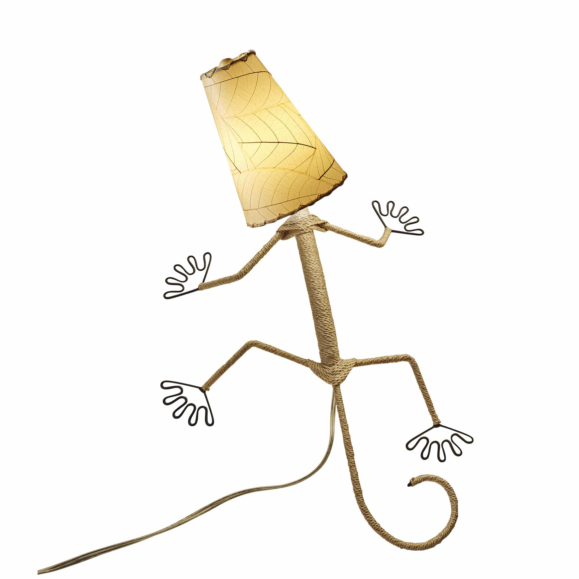 Crafted by the artisans of Eangee Home Design, the Gecko Wall Lamp Combo in natural against a clean backdrop, featuring fossilized cocoa leaf shade, abaca rope accents, wrought iron frame, handcrafted.