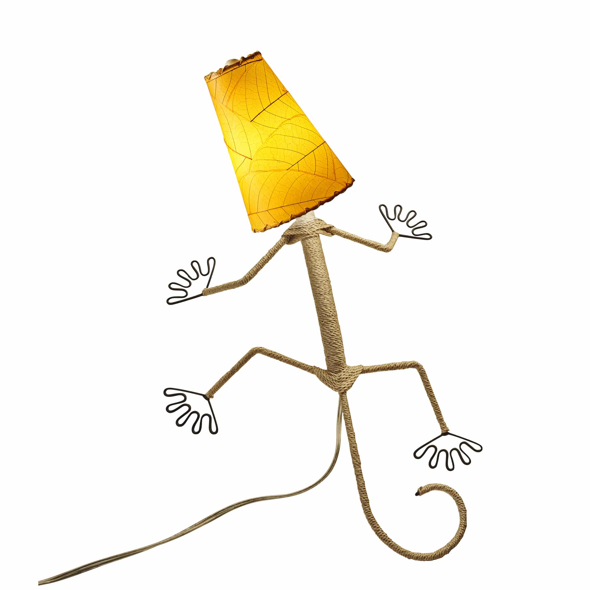 Crafted by the artisans of Eangee Home Design, the Gecko Wall Lamp Combo in orange against a clean backdrop, featuring fossilized cocoa leaf shade, abaca rope accents, wrought iron frame, handcrafted.
