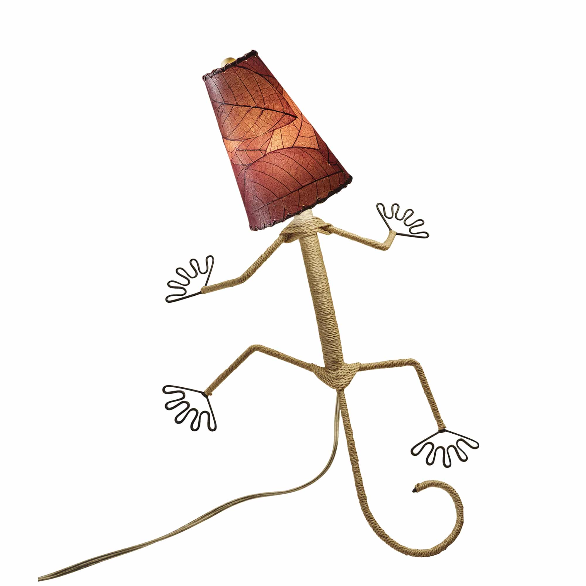 Crafted by the artisans of Eangee Home Design, the Gecko Wall Lamp Combo in purple against a clean backdrop, featuring fossilized cocoa leaf shade, abaca rope accents, wrought iron frame, handcrafted.