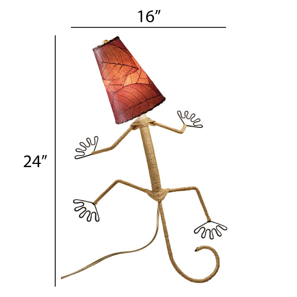 Crafted by the artisans of Eangee Home Design, the Gecko Wall Lamp Combo in purple against a clean backdrop, featuring fossilized cocoa leaf shade, abaca rope accents, wrought iron frame, handcrafted.