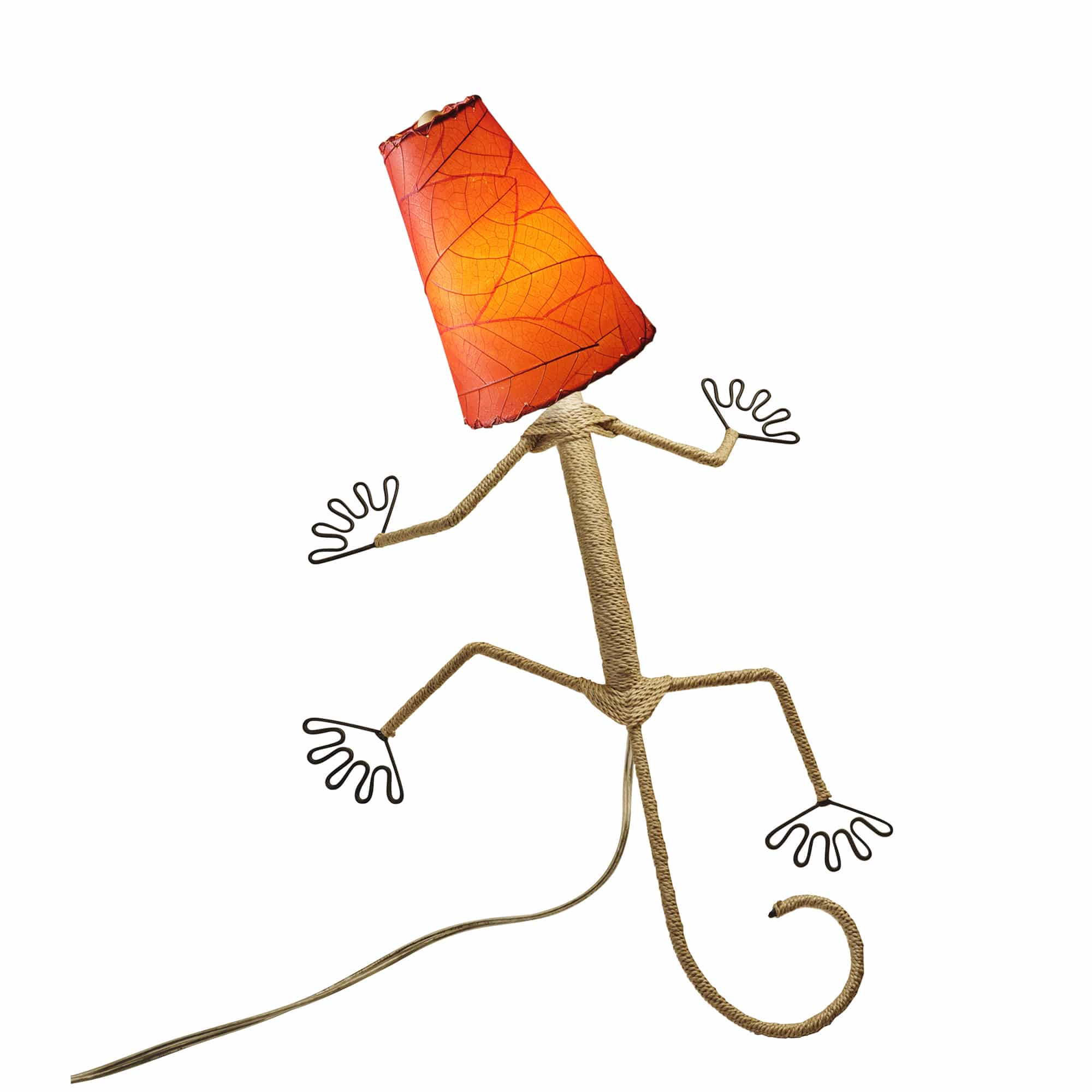 Crafted by the artisans of Eangee Home Design, the Gecko Wall Lamp Combo in red against a clean backdrop, featuring fossilized cocoa leaf shade, abaca rope accents, wrought iron frame, handcrafted.