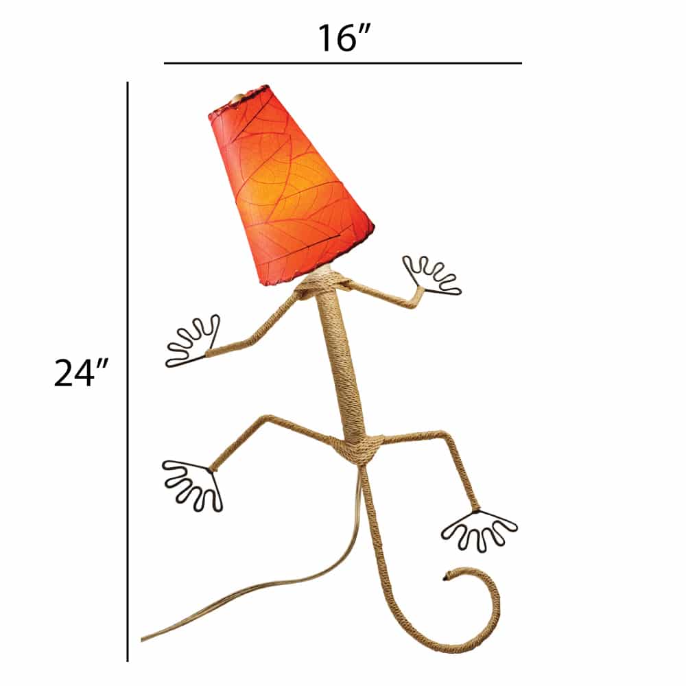 Crafted by the artisans of Eangee Home Design, the Gecko Wall Lamp Combo in red against a clean backdrop, featuring fossilized cocoa leaf shade, abaca rope accents, wrought iron frame, handcrafted.