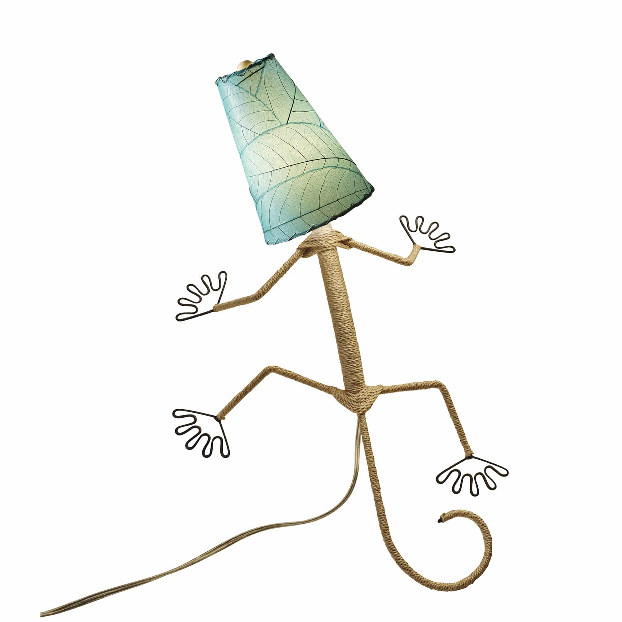Crafted by the artisans of Eangee Home Design, the Gecko Wall Lamp Combo in sea blue against a clean backdrop, featuring fossilized cocoa leaf shade, abaca rope accents, wrought iron frame, handcrafted.