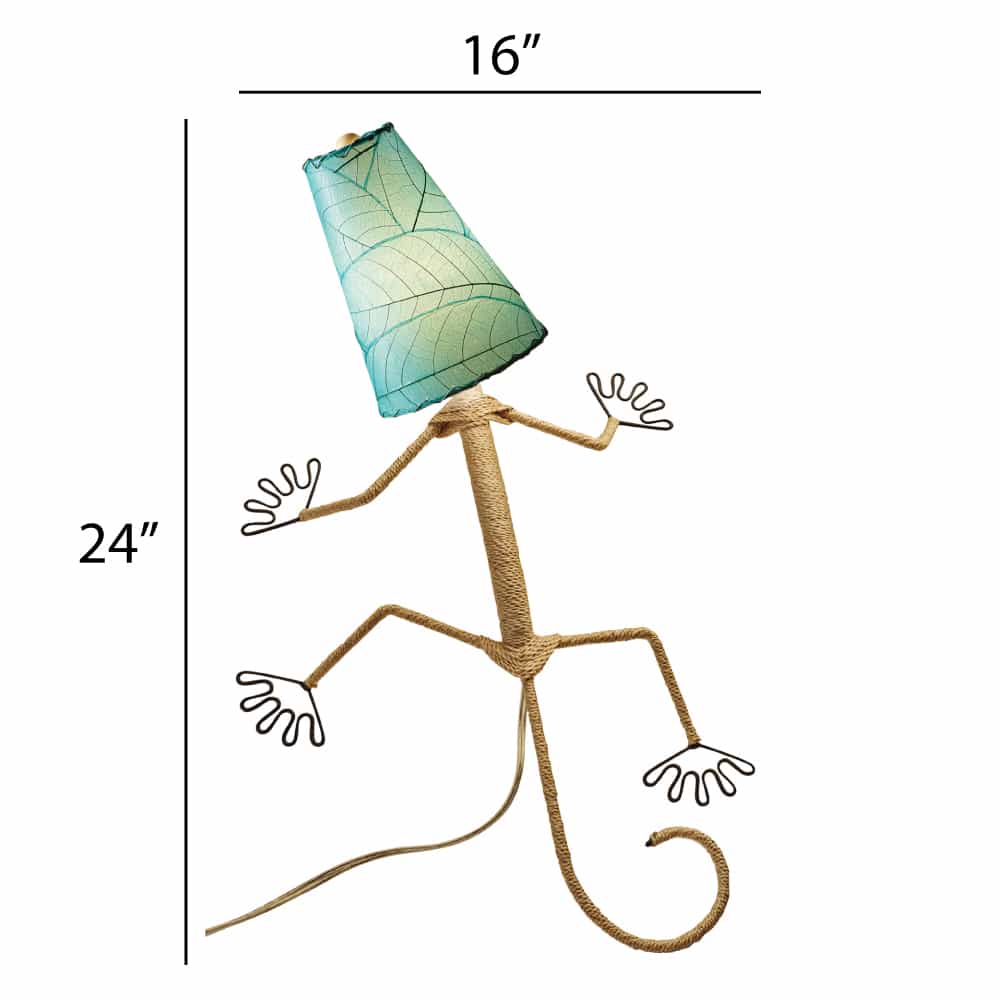 Crafted by the artisans of Eangee Home Design, the Gecko Wall Lamp Combo in sea blue against a clean backdrop, featuring fossilized cocoa leaf shade, abaca rope accents, wrought iron frame, handcrafted.