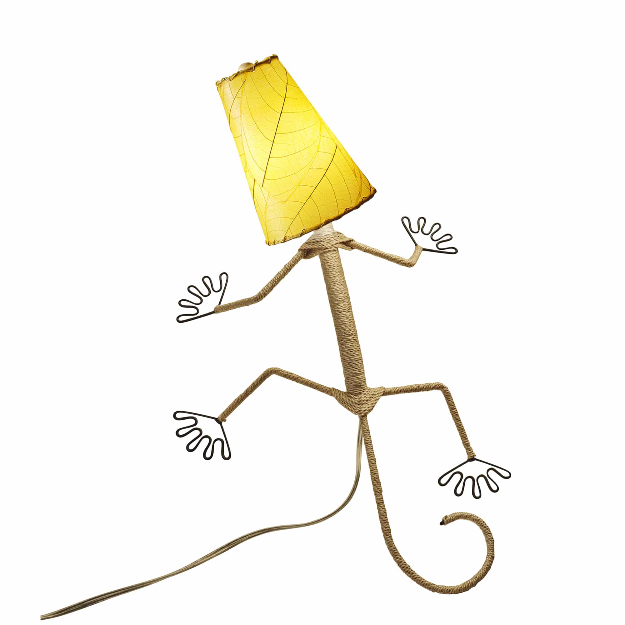 Crafted by the artisans of Eangee Home Design, the Gecko Wall Lamp Combo in yellow against a clean backdrop, featuring fossilized cocoa leaf shade, abaca rope accents, wrought iron frame, handcrafted.