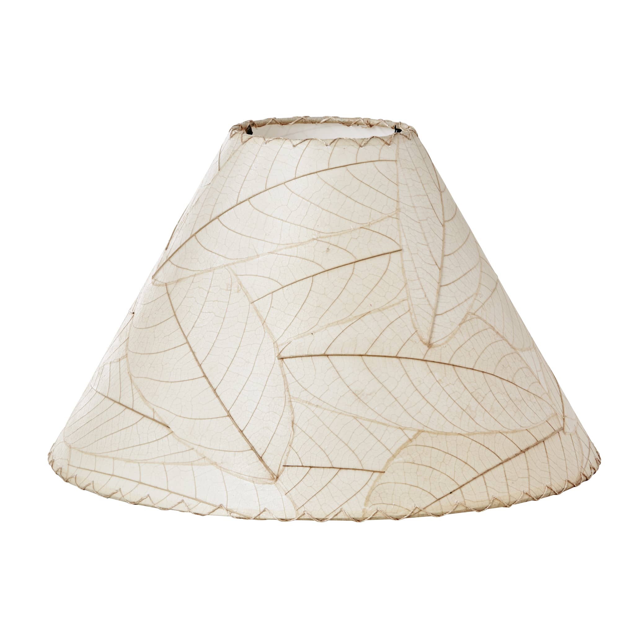 Crafted by the artisans of Eangee Home Design, the Bell Shade Cocoa in natural against a clean backdrop, featuring fossilized cocoa leaf shade, wrought iron frame, handcrafted.