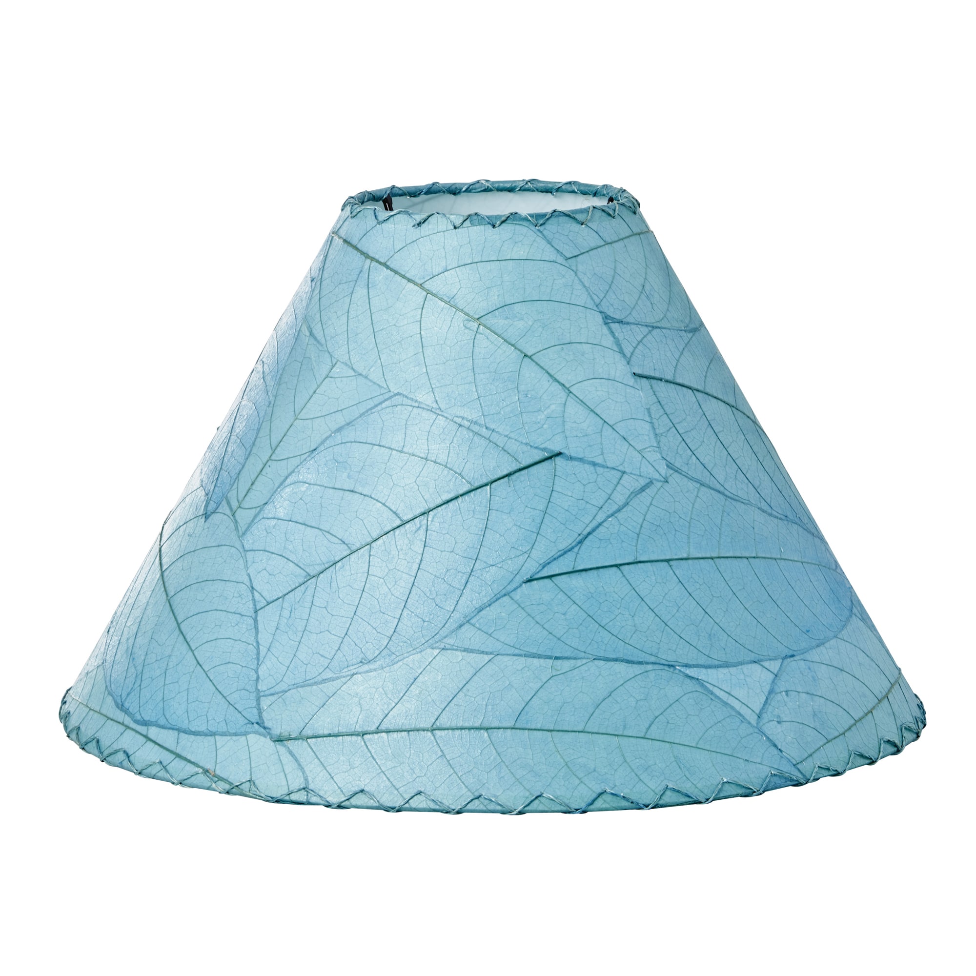 Crafted by the artisans of Eangee Home Design, the Bell Shade Cocoa in sea blue against a clean backdrop, featuring fossilized cocoa leaf shade, wrought iron frame, handcrafted.