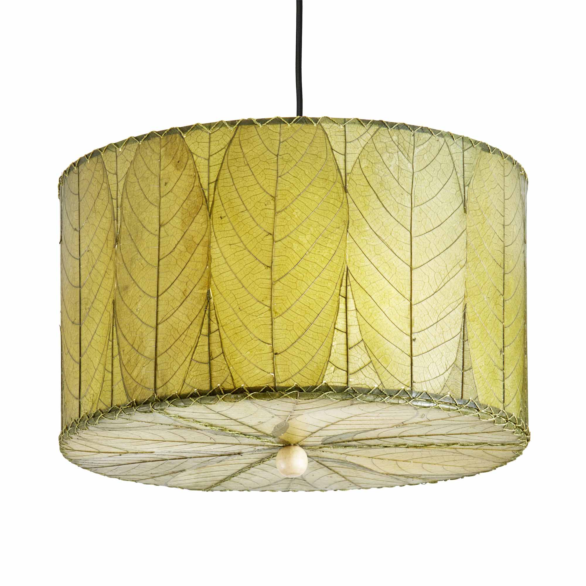 Crafted by the artisans of Eangee Home Design, the Drum Pendant 18 Inch in green against a clean backdrop, featuring fossilized cocoa leaf shade.