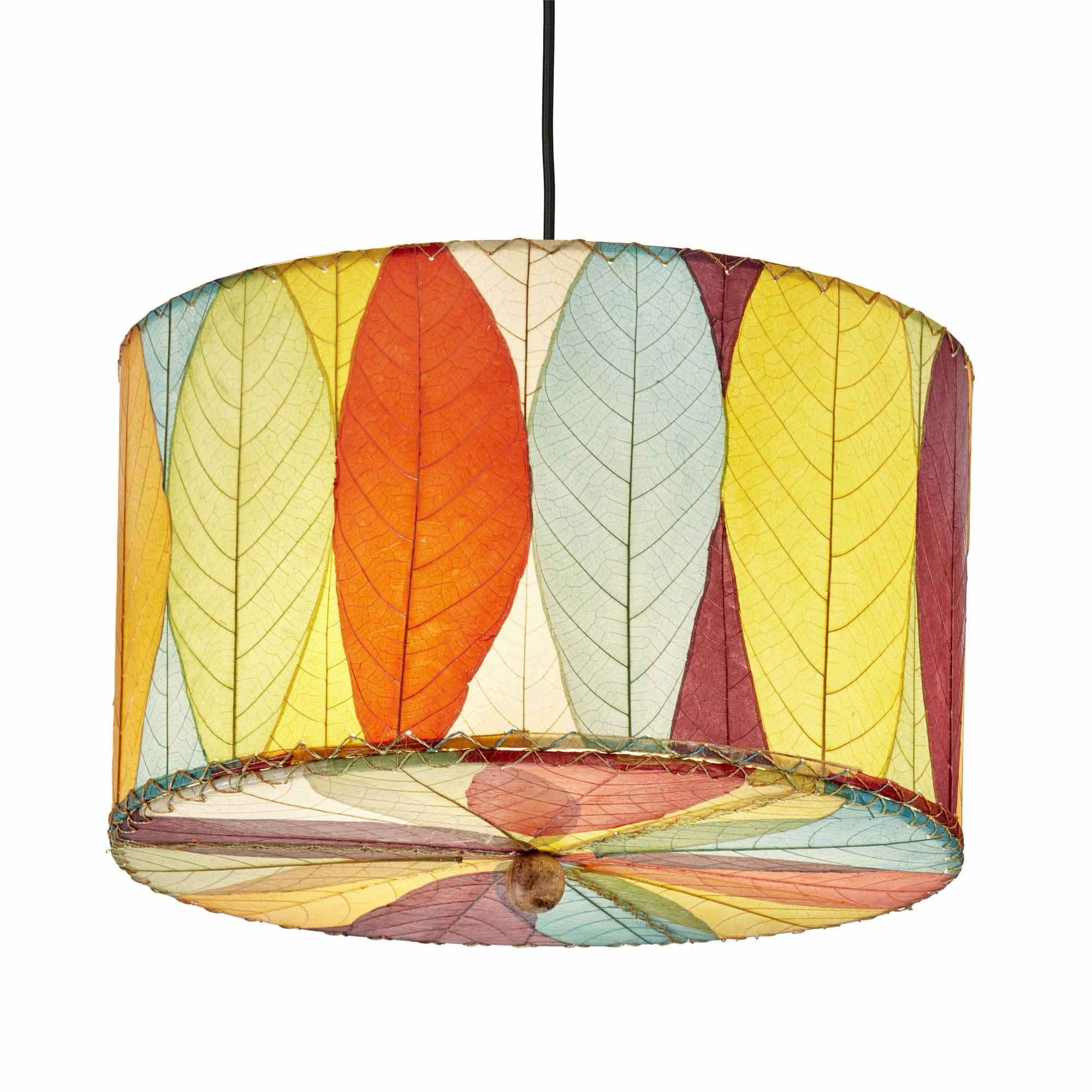 Crafted by the artisans of Eangee Home Design, the Drum Pendant 18 Inch in multi color against a clean backdrop, featuring fossilized cocoa leaf shade.