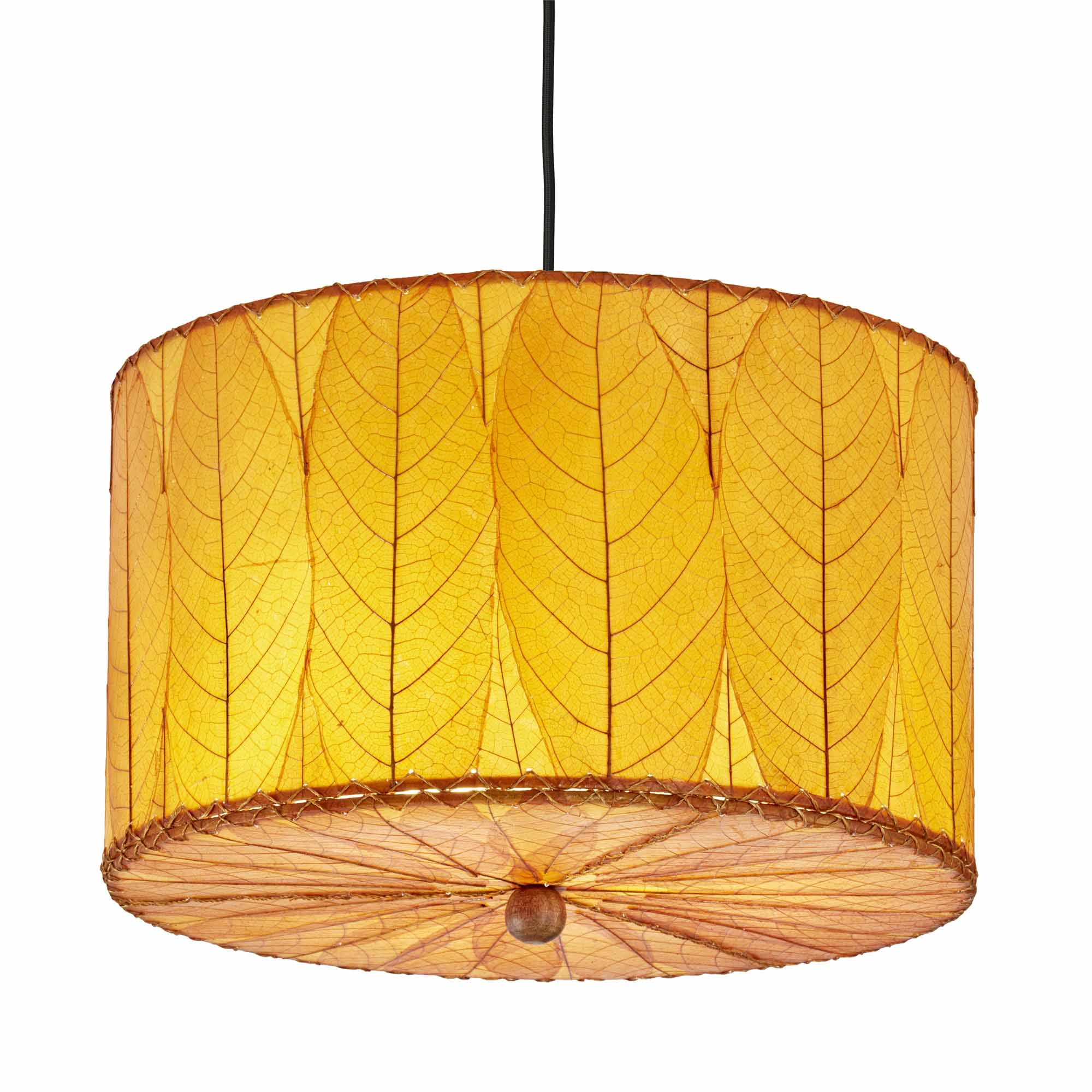Crafted by the artisans of Eangee Home Design, the Drum Pendant 18 Inch in orange against a clean backdrop, featuring fossilized cocoa leaf shade.