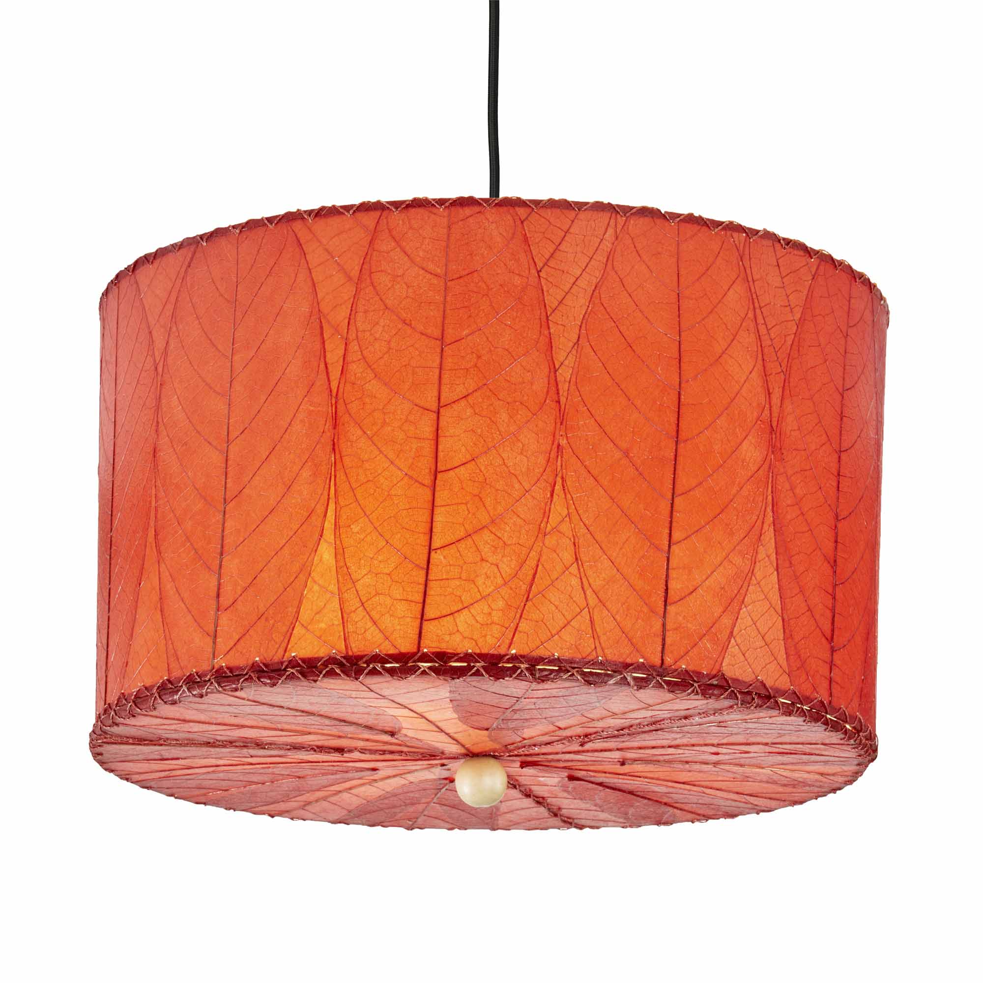 Crafted by the artisans of Eangee Home Design, the Drum Pendant 18 Inch in red against a clean backdrop, featuring fossilized cocoa leaf shade.