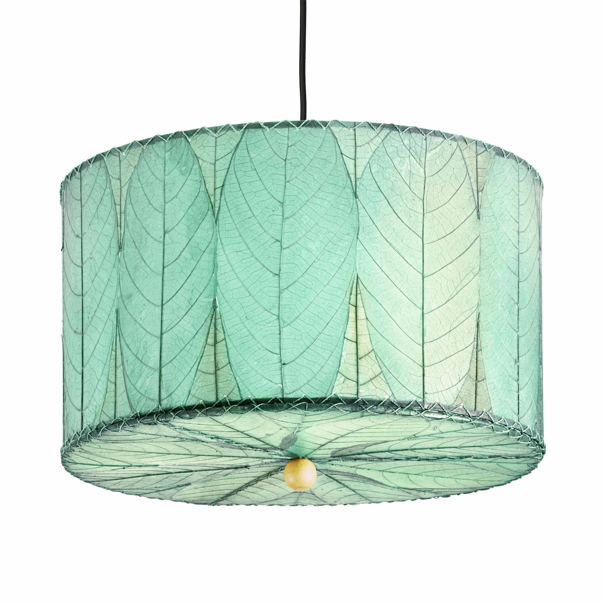 Crafted by the artisans of Eangee Home Design, the Drum Pendant 18 Inch in sea blue against a clean backdrop, featuring fossilized cocoa leaf shade.