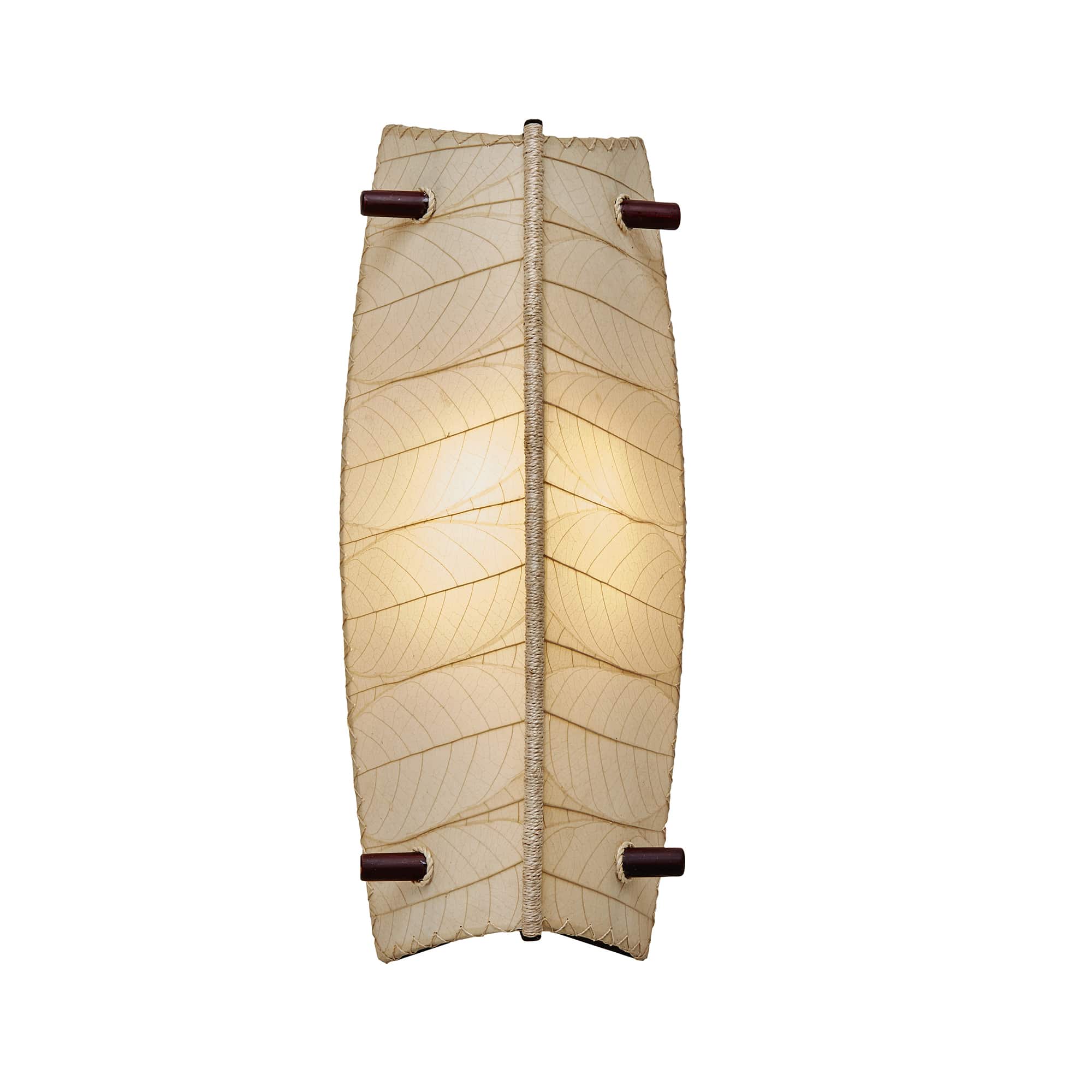 Crafted by the artisans of Eangee Home Design, the Banana Bowl Sconce in natural against a clean backdrop, featuring fossilized cocoa leaf shade, eco friendly, sustainably sourced, handcrafted.