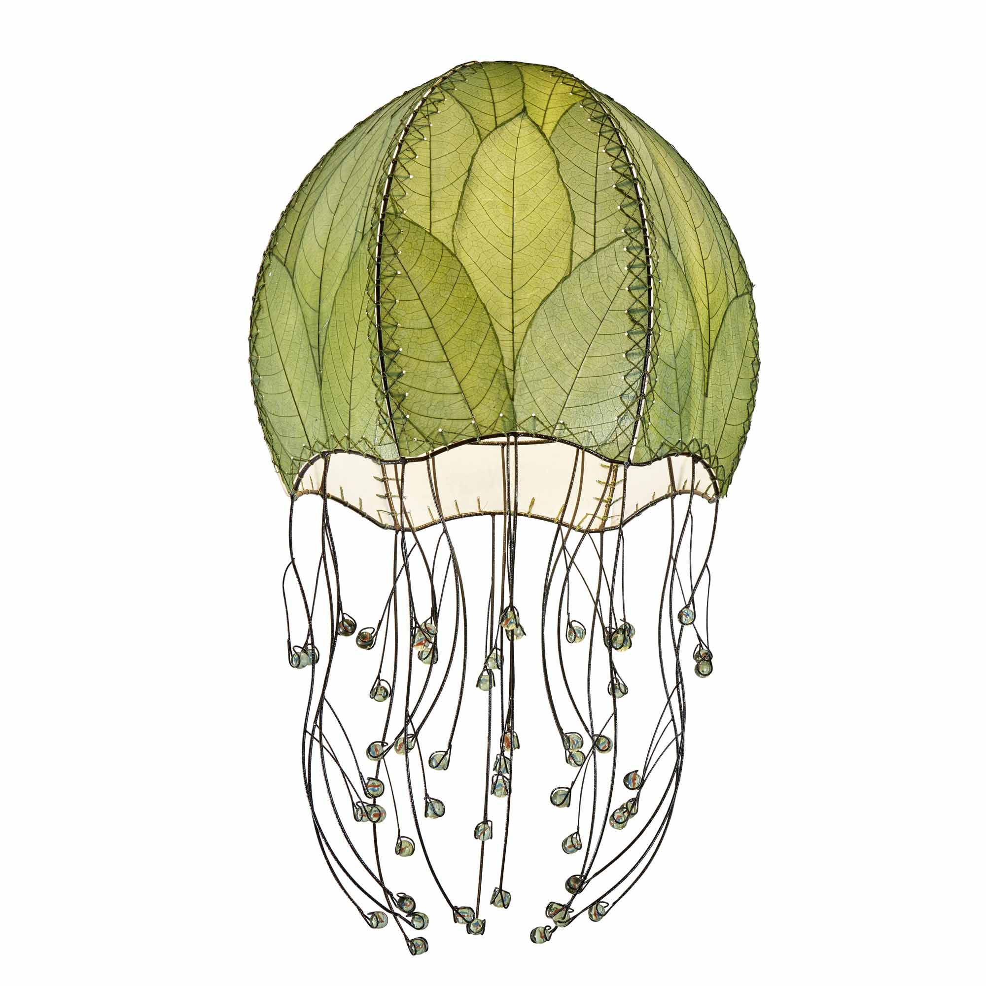 Crafted by the artisans of Eangee Home Design, the Jellyfish Pendant in green against a clean backdrop, featuring fossilized cocoa leaf shade, wrought iron frame, handcrafted.