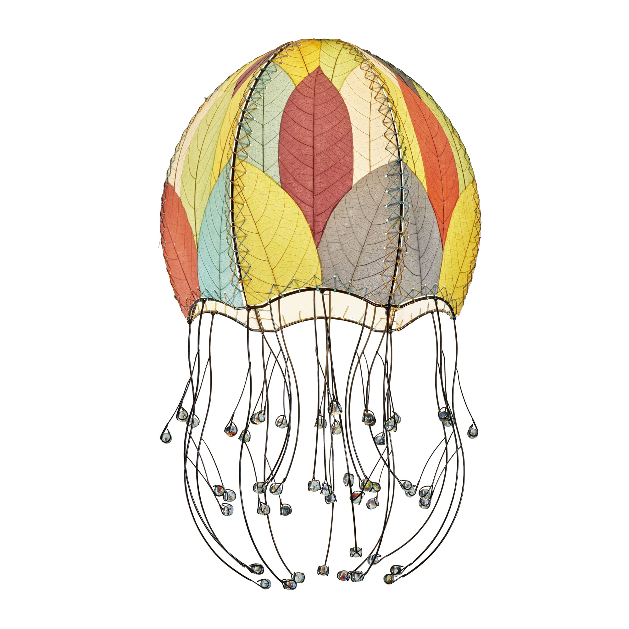 Crafted by the artisans of Eangee Home Design, the Jellyfish Pendant in multi color against a clean backdrop, featuring fossilized cocoa leaf shade, wrought iron frame, handcrafted.