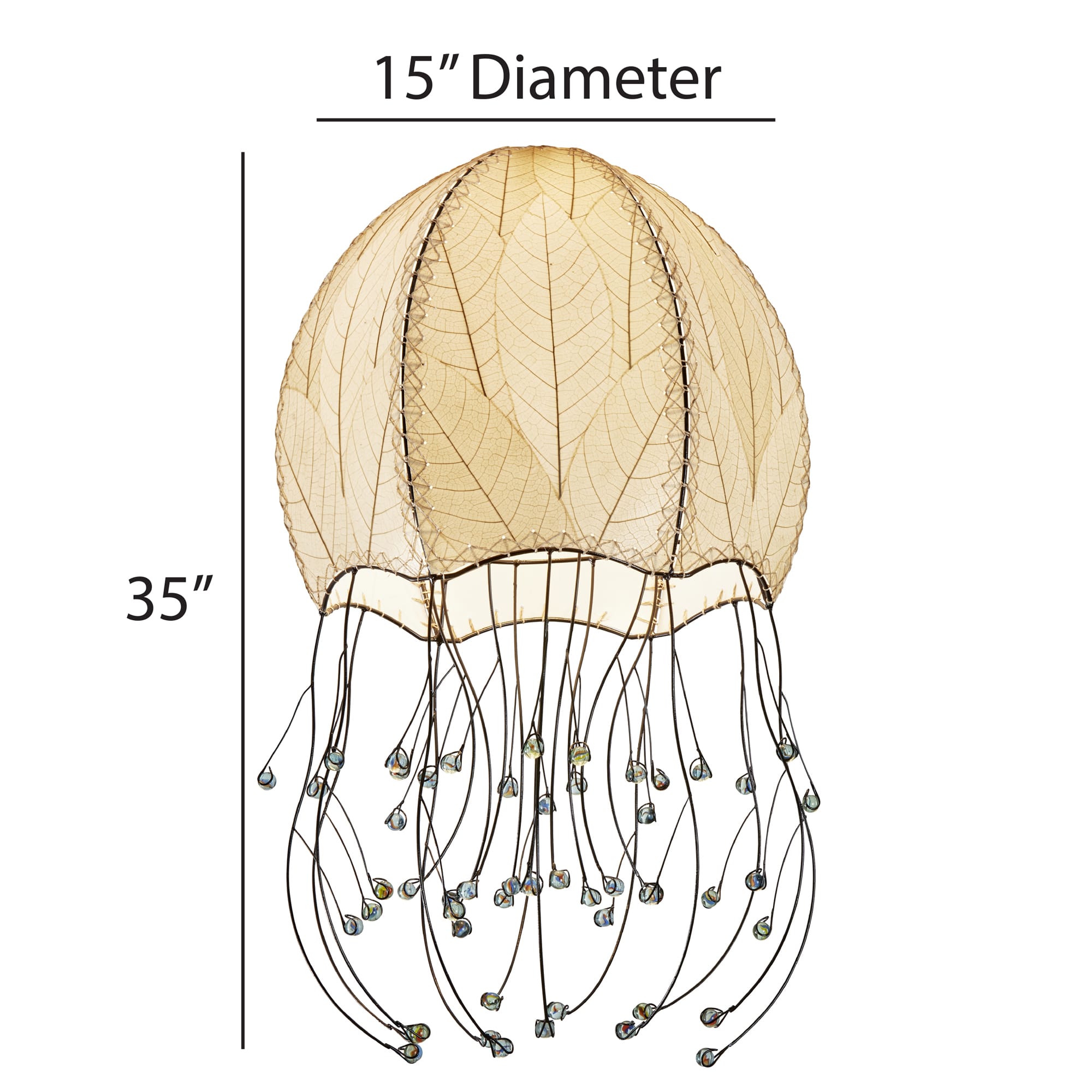 Crafted by the artisans of Eangee Home Design, the Jellyfish Pendant in natural against a clean backdrop, featuring fossilized cocoa leaf shade, wrought iron frame, handcrafted.