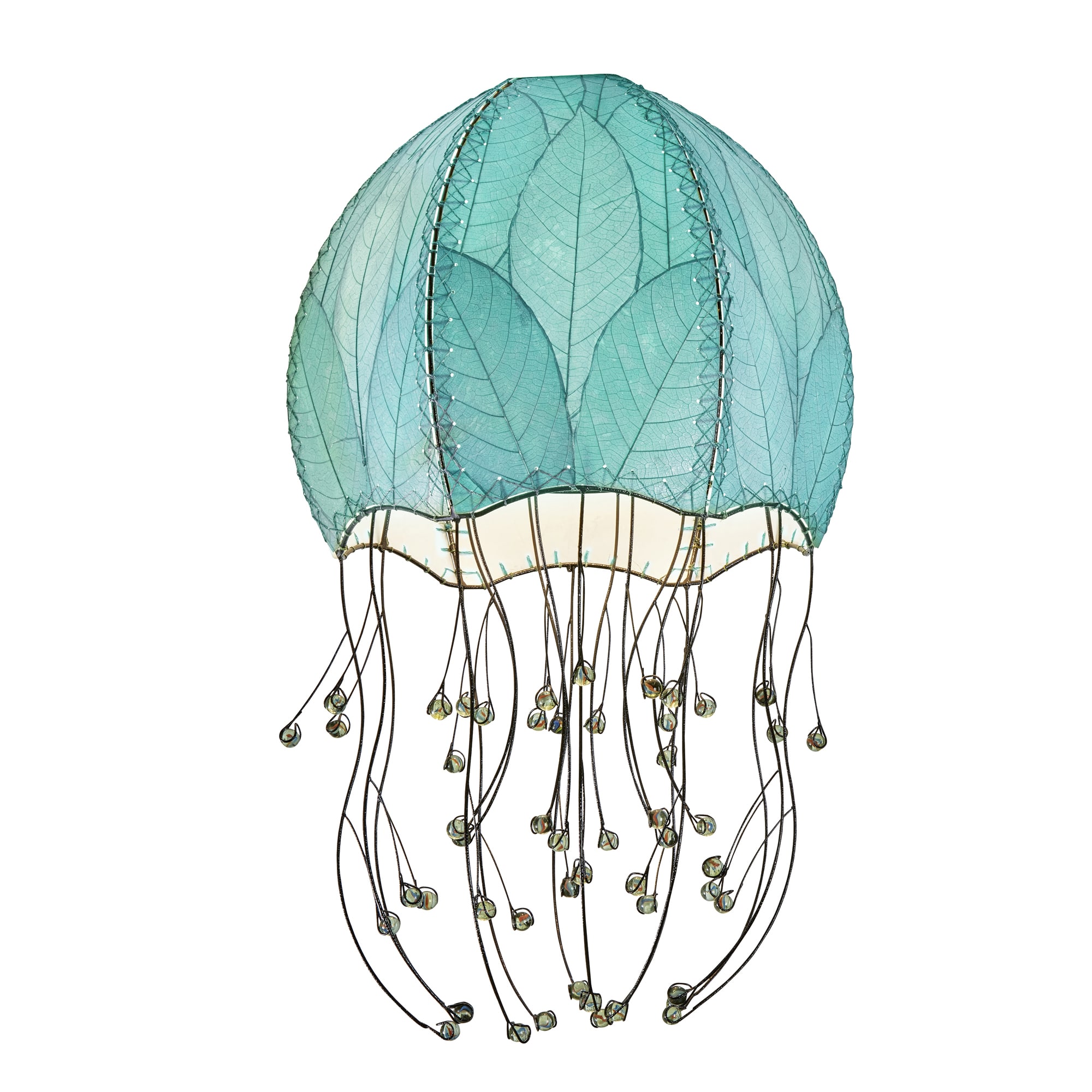 Crafted by the artisans of Eangee Home Design, the Jellyfish Pendant in sea blue against a clean backdrop, featuring fossilized cocoa leaf shade, wrought iron frame, handcrafted.